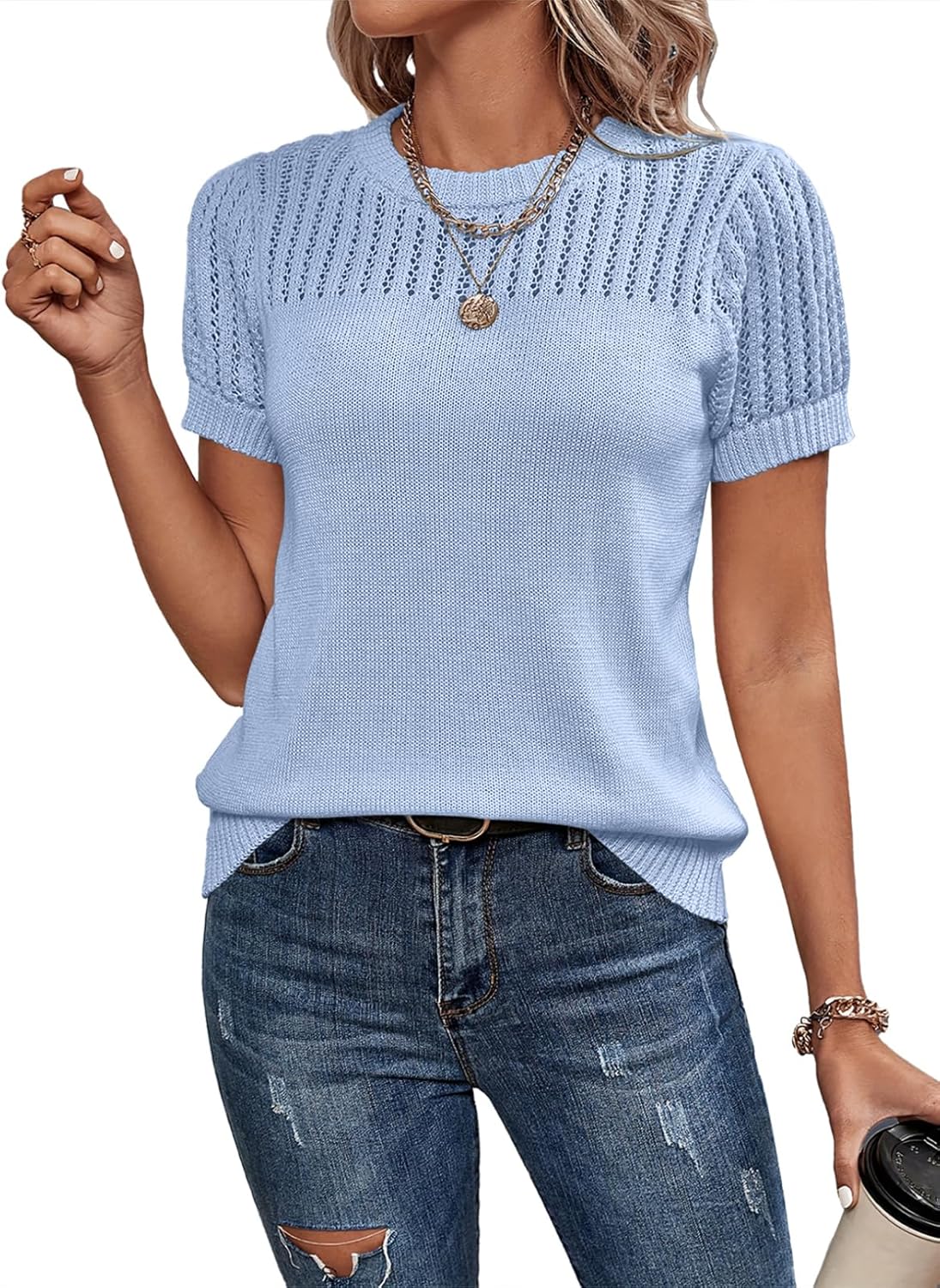 Thumbnail 6 de Dokotoo Womens Hollow Out Knit Crewneck Short Sleeve Top