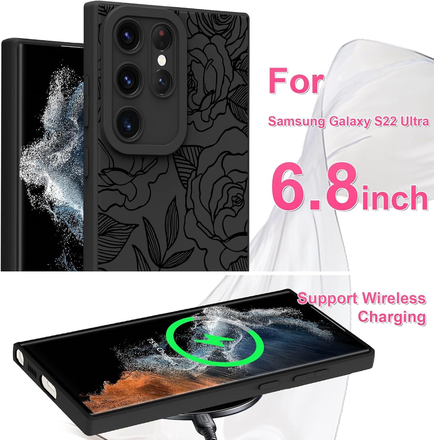 Detalle de OOK 64MYK-blackrose-s22ultra Case for Samsung Galaxy S22 Ultra, Black Rose