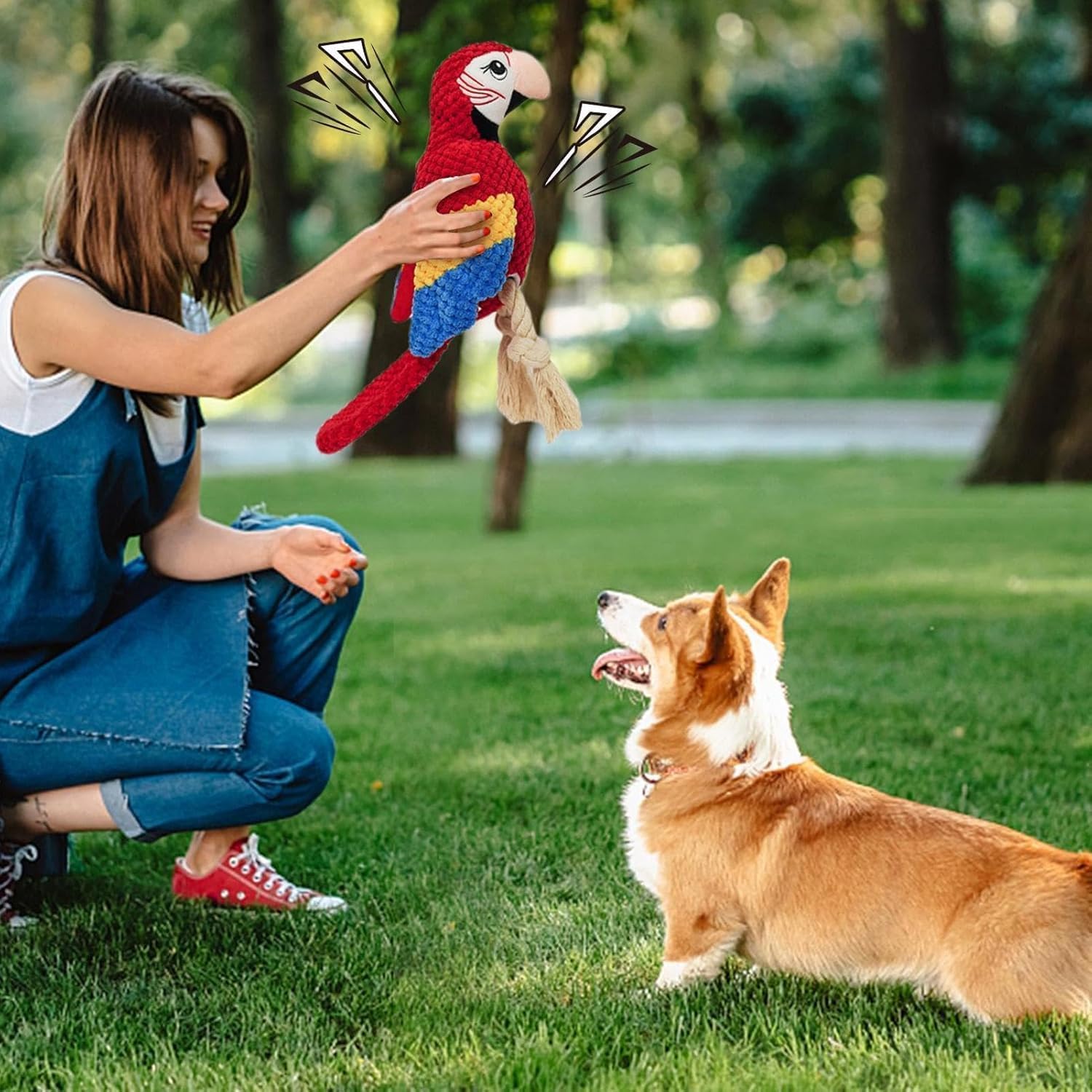 Thumbnail 5 de YUDOTE Squeaky Parrot Dog Toy for Puppies with Rope Legs (Red) – Soft plush & interactive chew