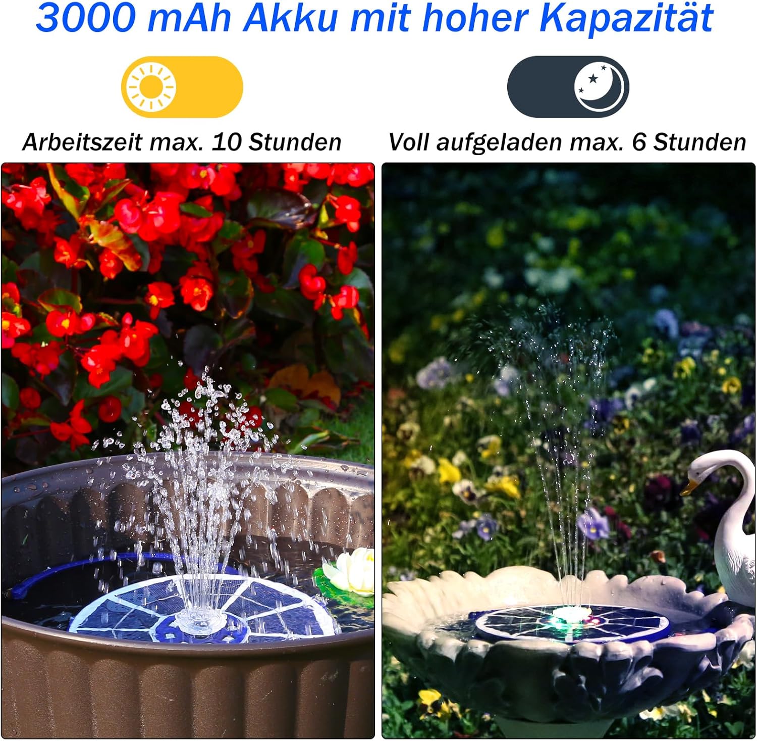 Detalle de AISITIN LED Solarbrunnen für Draußen – Blaues Glas, 3,5W Solarpumpe mit 3000mAh Akku