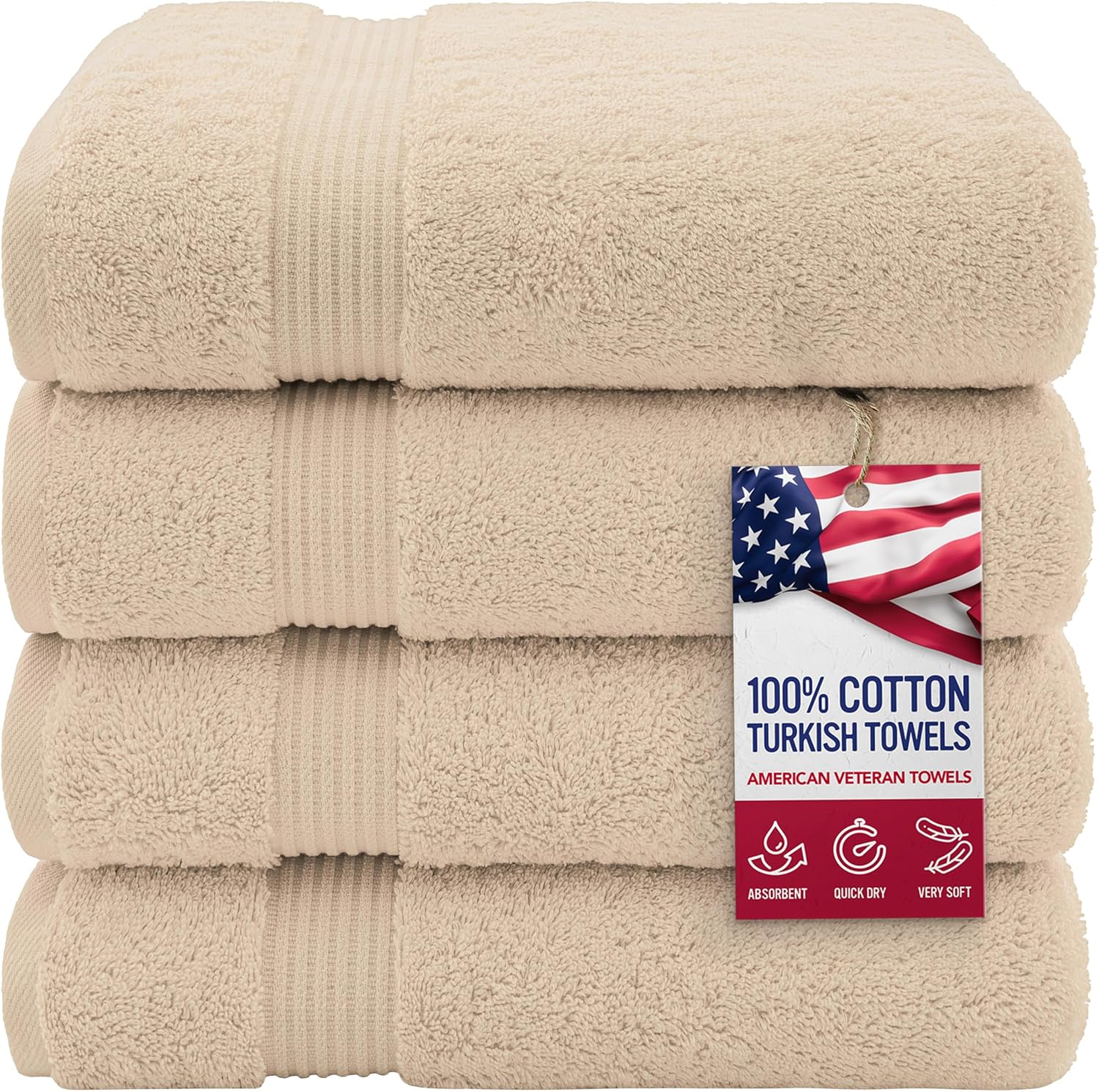 Detalle de American Veteran Towel: 4-Pack Turkish Bath Towels, 27x54 Inches, 100% Cotton, Beige