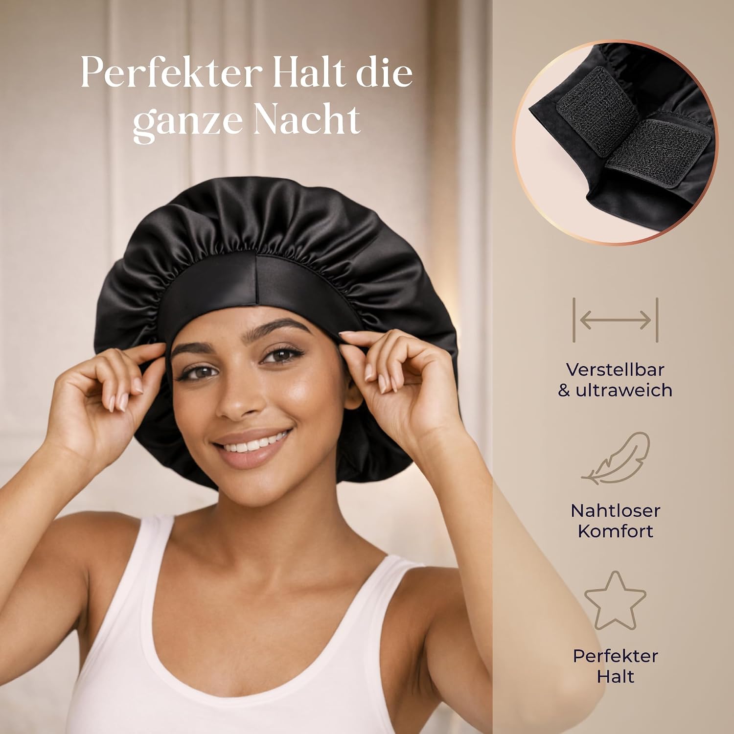 Detalle de Dreamzie Seidenhaube zum Schlafen – 100% Maulbeerseide, doppellagig, atmungsaktiv und verstellbar