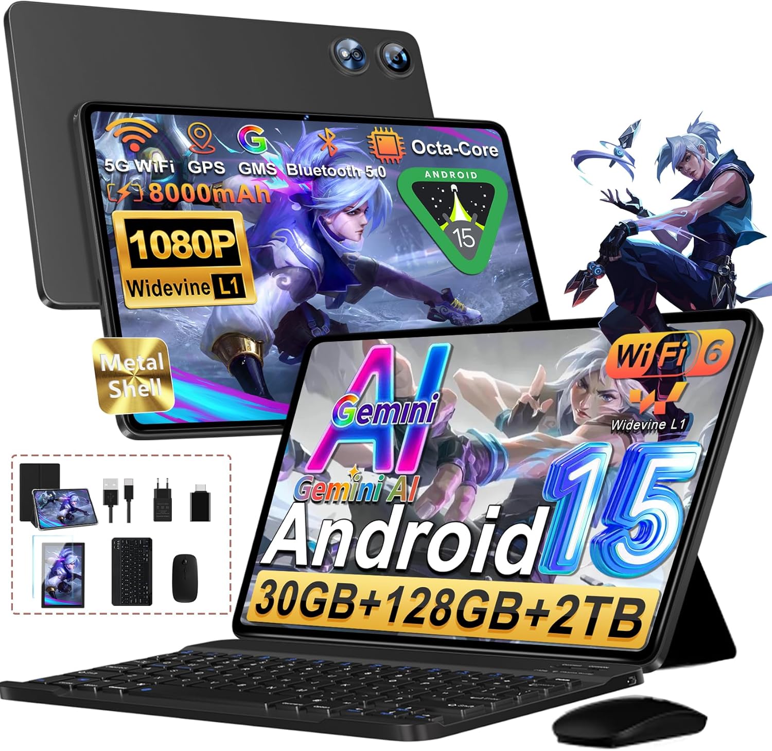 Imagen de Android 15 Tablet 10.1" con Octa-Core 2.0GHz, 30GB RAM / 128GB ROM (espansione fino a 2TB), Gemini AI, 8000mAh, Widevine L1, 5G Wi‑Fi, Face ID, Tastiera e Mouse (Nero) en OfertitasTOP
