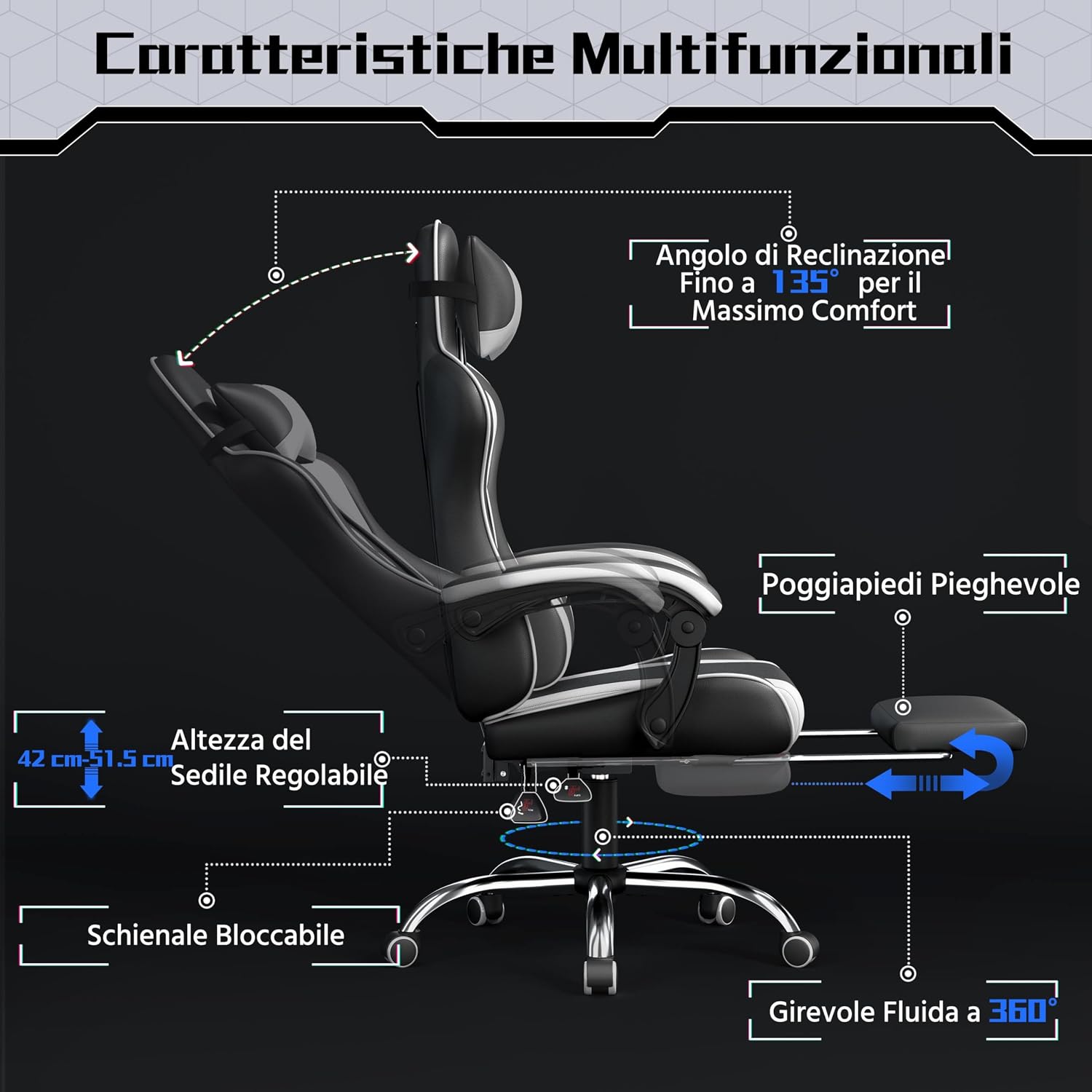 Thumbnail 5 de Yaheetech sedia da gaming ergonomica massaggiante con poggiapiedi reclinabile e supporto lombare