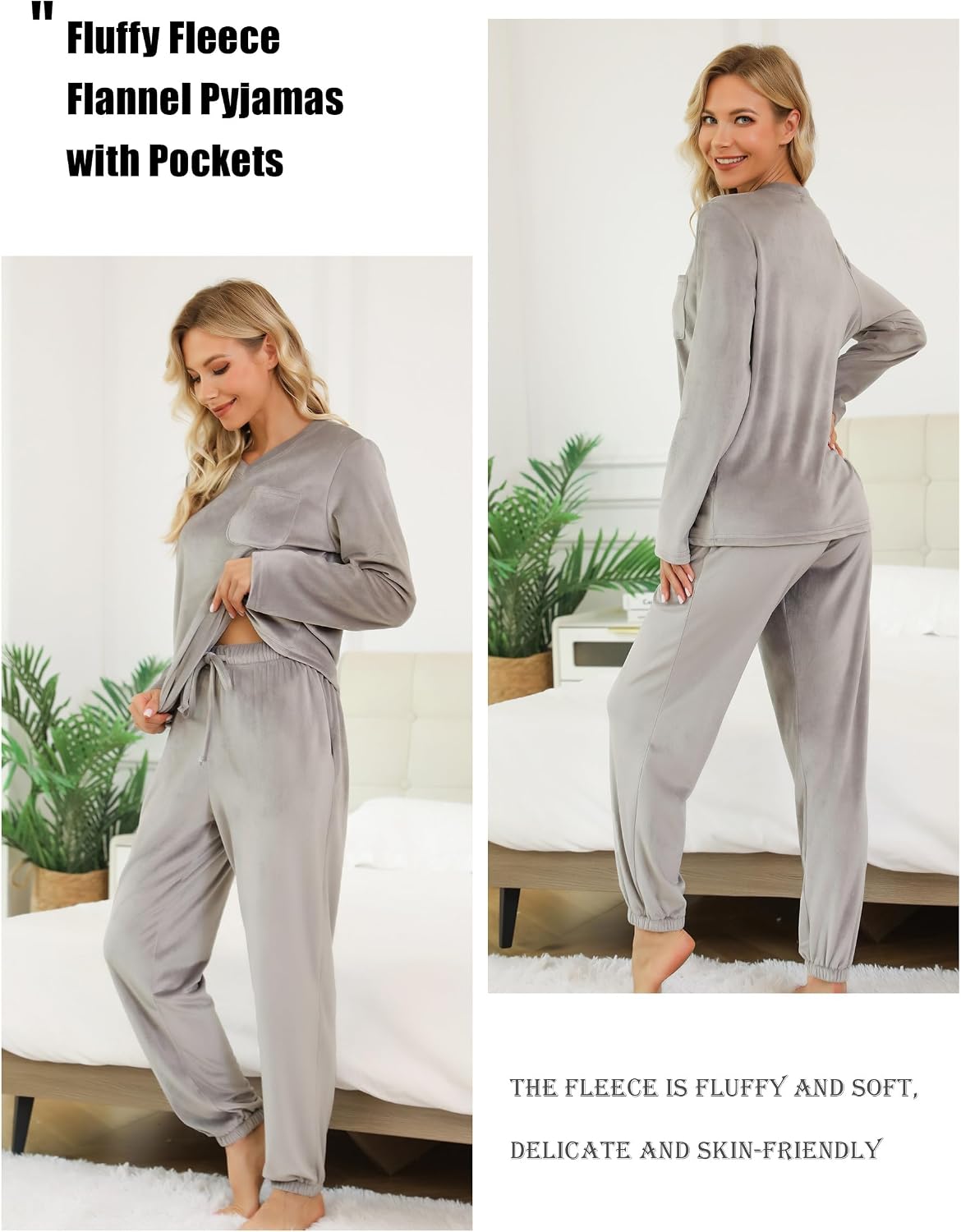 Detalle 2 de Lovasy women’s fleece pyjamas set with pockets – warm, fluffy two-piece loungewear for winter