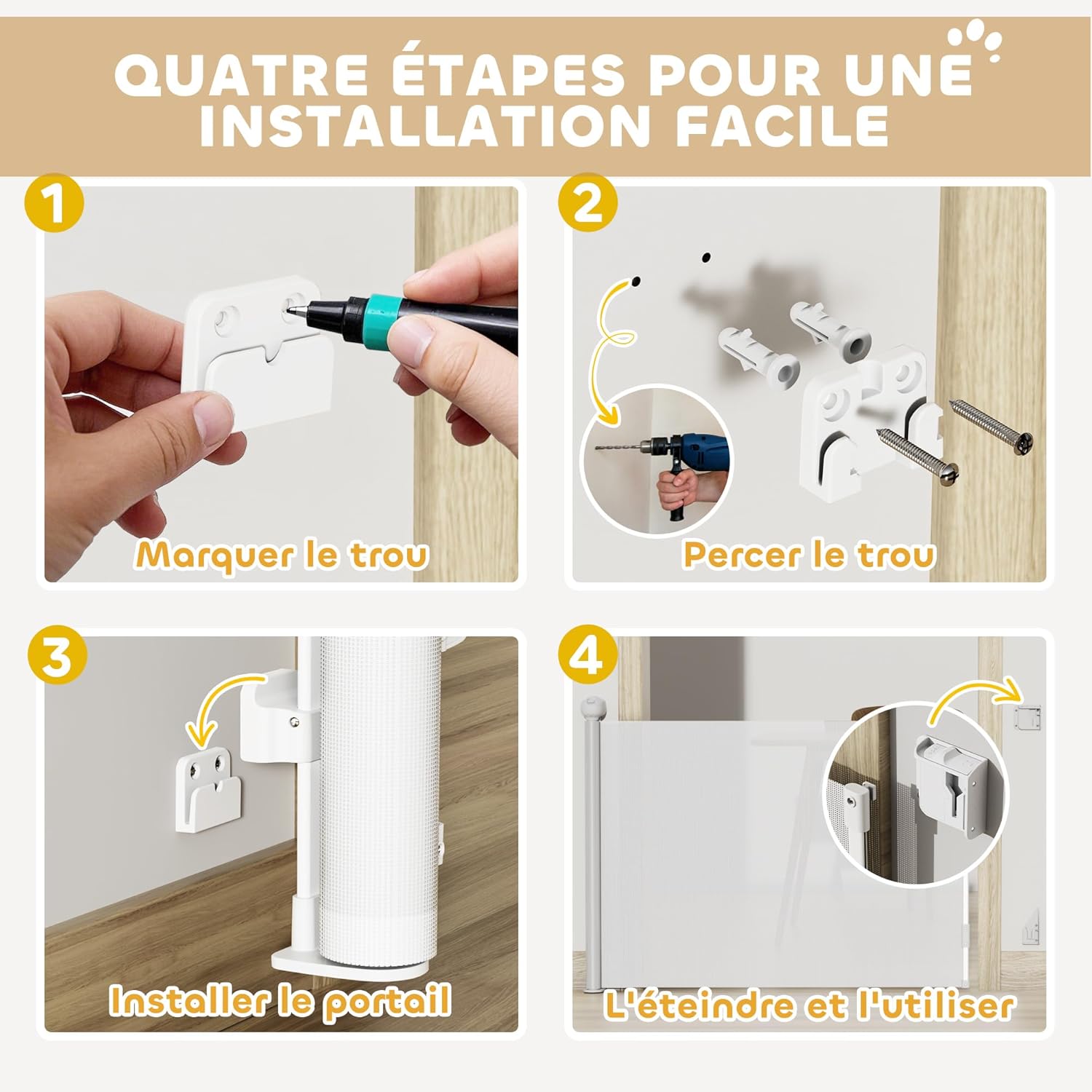 Thumbnail 4 de PawHut barrière de sécurité rétractable pour chien (largeur 149 cm) avec verrouillage automatique