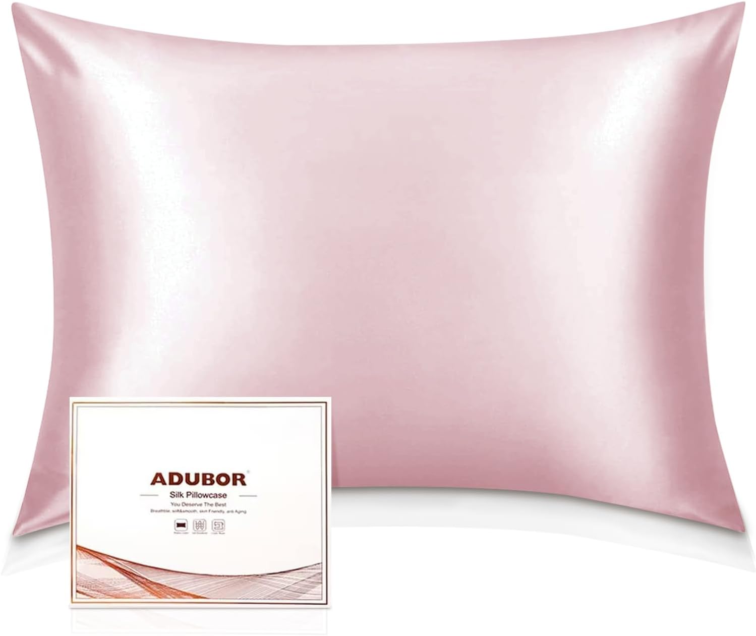 Detalle de Adubor 100% Seidenkissenbezug (23 Momme, 40x80 cm) mit verstecktem Reißverschluss, Rosa – 1 Stück