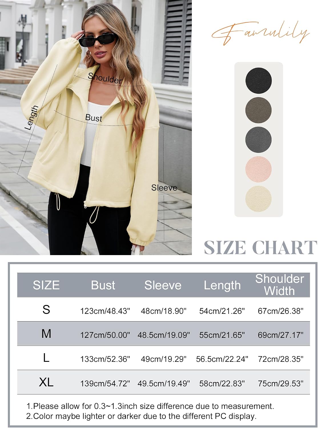 Thumbnail 5 de Famulily women’s drawstring hem full-zip fleece cropped sweatshirt jacket with pockets (S–XL)