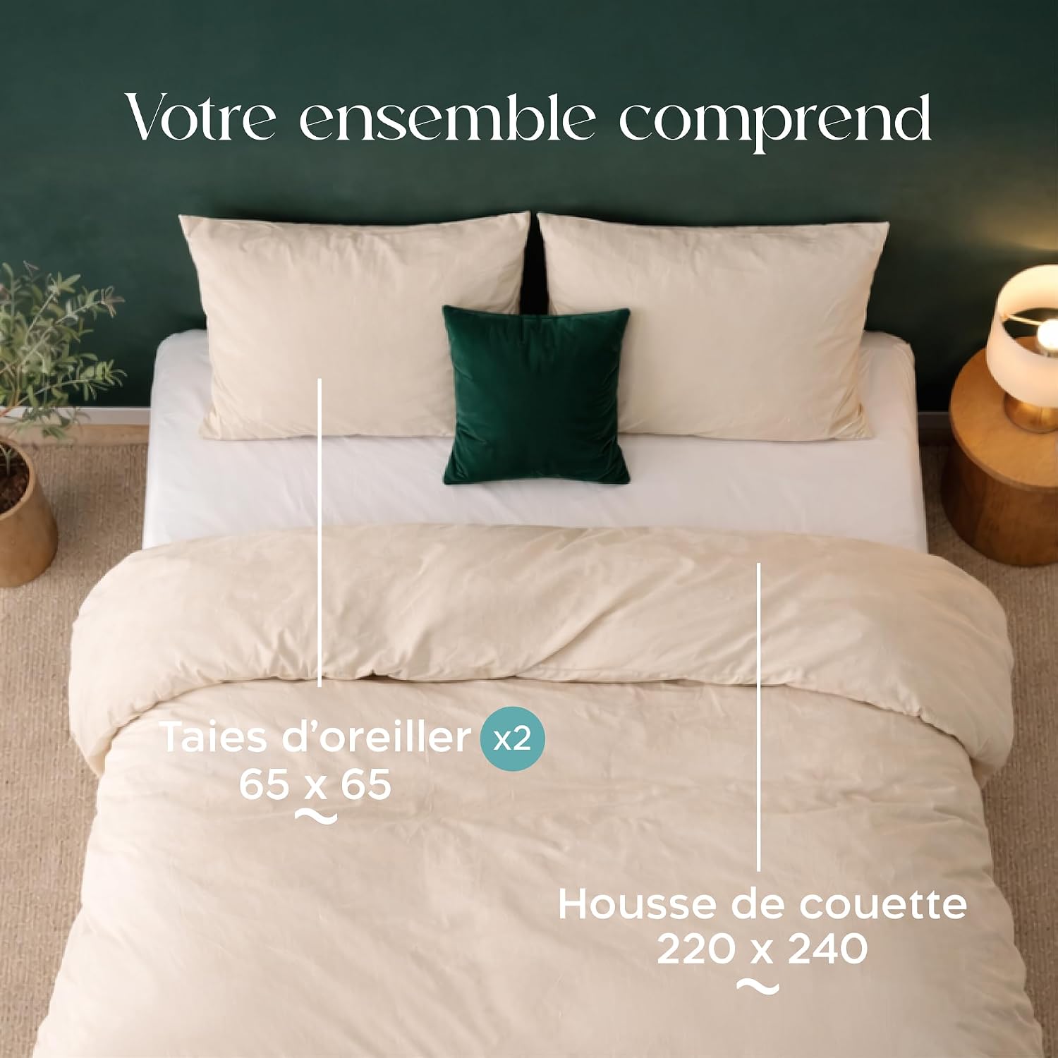 Detalle de Twinzen Parure de lit Housse de couette 240x220 cm avec 2 taies 65x65 cm en microfibre beige