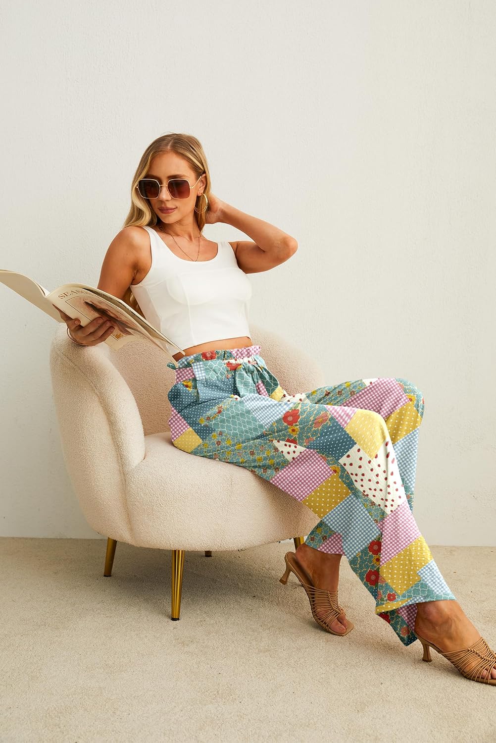 Detalle de IWOLLENCE Women High Waist Palazzo Pants: Adjustable Knot, Deep Pockets, Lightweight Sit-Through-Free Comfort