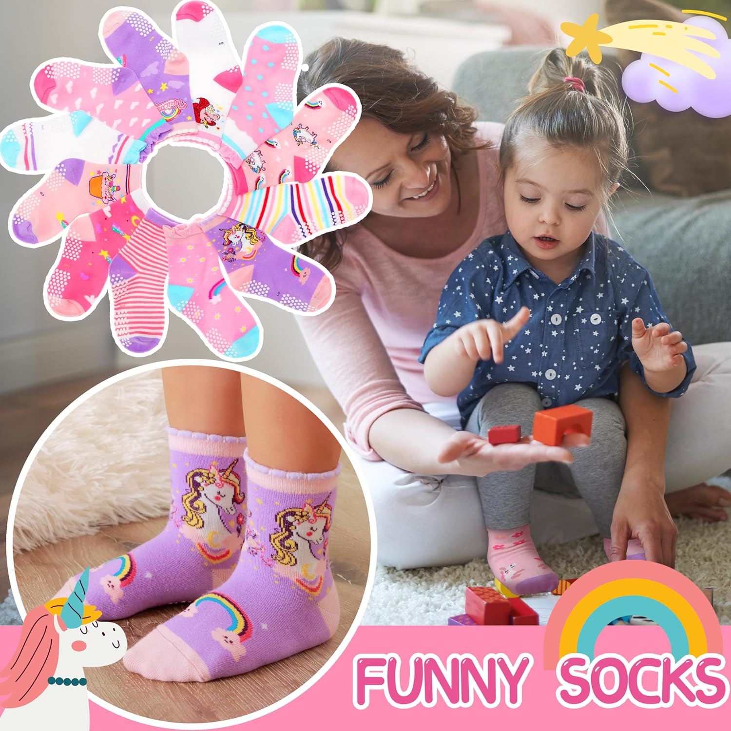 Thumbnail 2 de Welwoos 12 Pairs Baby Girls' Non-Slip Grip Socks with Cartoon Animal Patterns