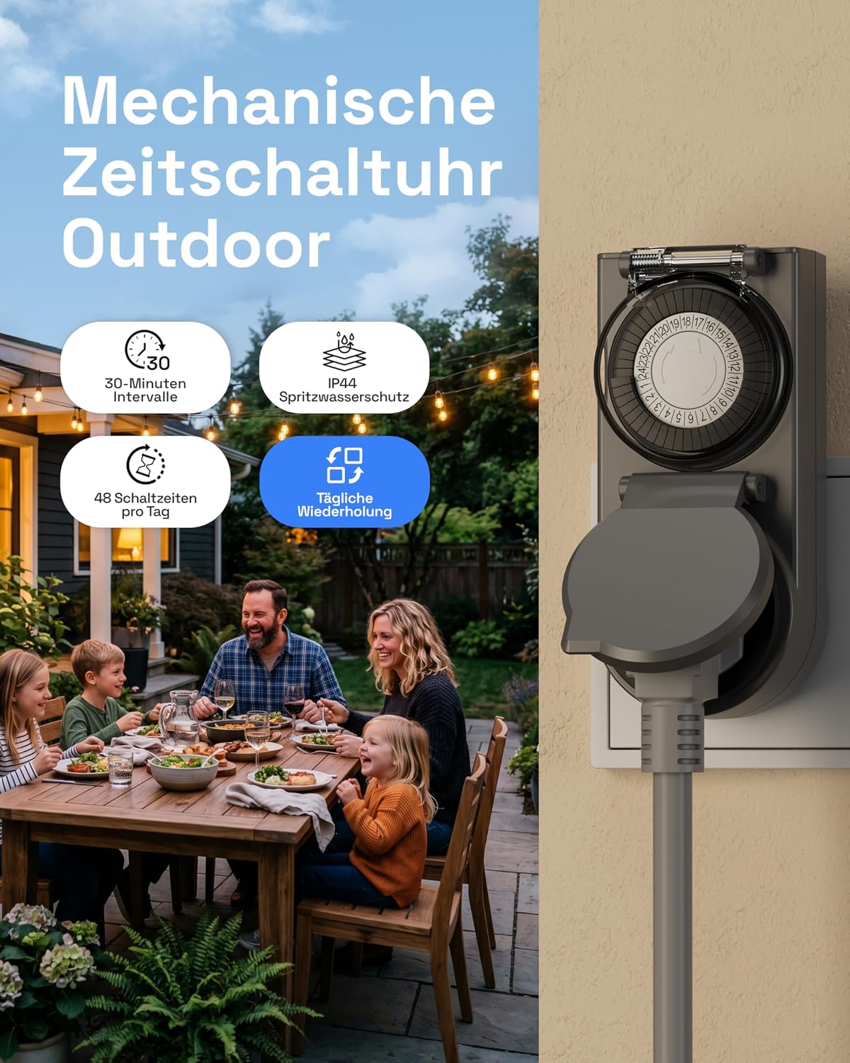 Detalle de HBN Zeitschaltuhr Steckdose Außenbereich IP44 – Mechanisch, 24 Stunden, 16 A, Anthrazit