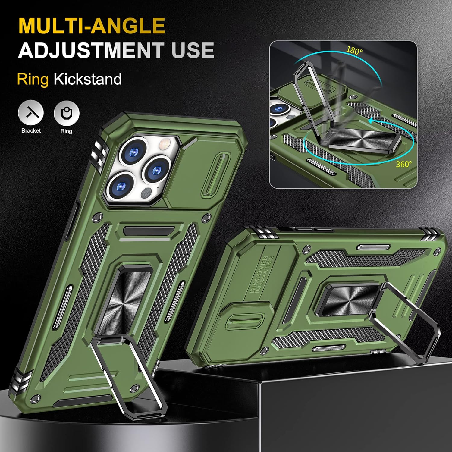 Thumbnail 1 de Jshru iPhone 13 Pro Max Case with Screen Protector (2 Pack) – Olive Green with Slide Camera Cover & 360° Kickstand