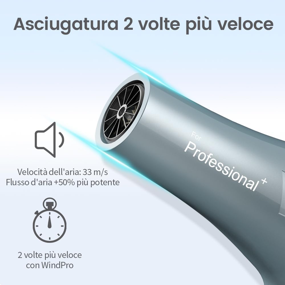 Detalle de Phon Capelli Professionale BANNILU Asciugacapelli lisci con Windflow WINDPRO – 3 calori, 2 velocità, diffusore + 2 ugelli (Blu)