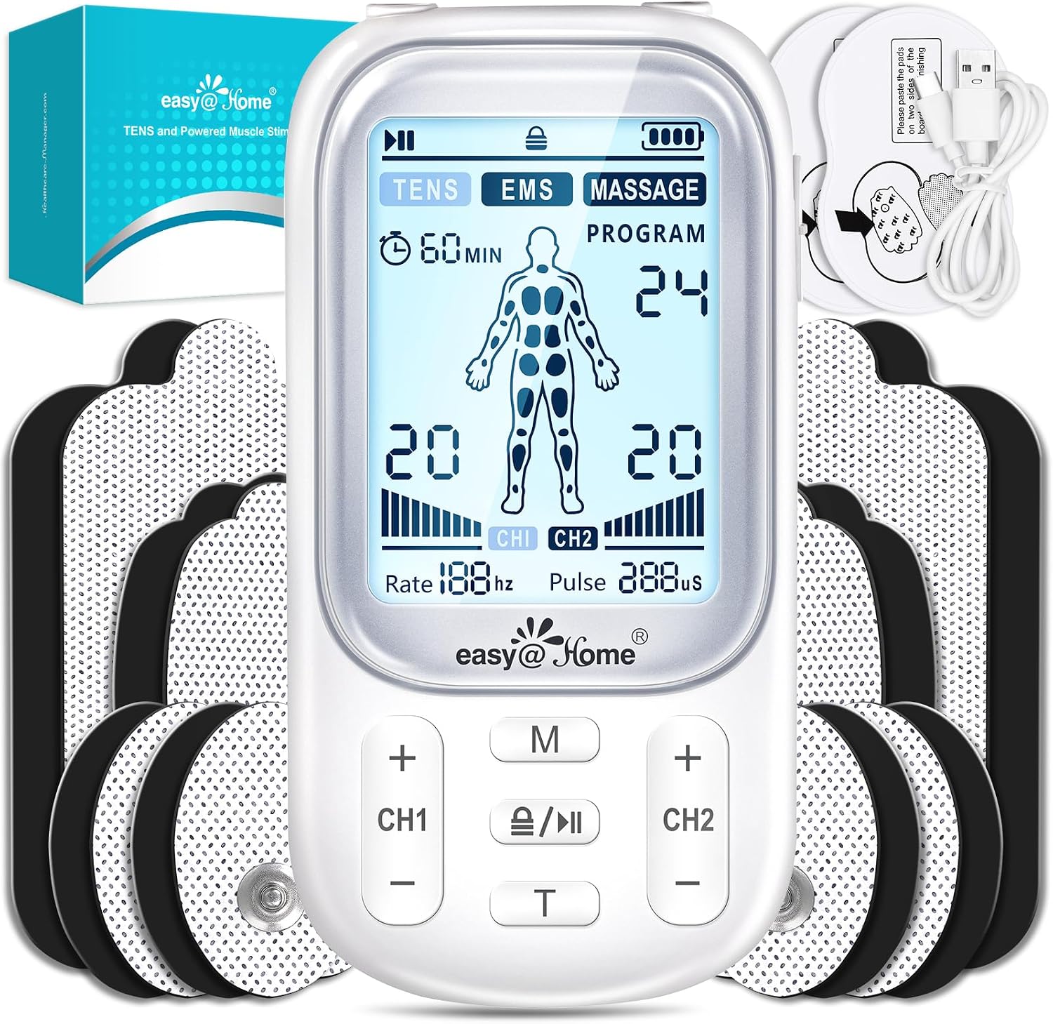 Detalle de Easy@Home EHE020 Rechargeable TENS Machine, Dual-Channel, 24 Modes