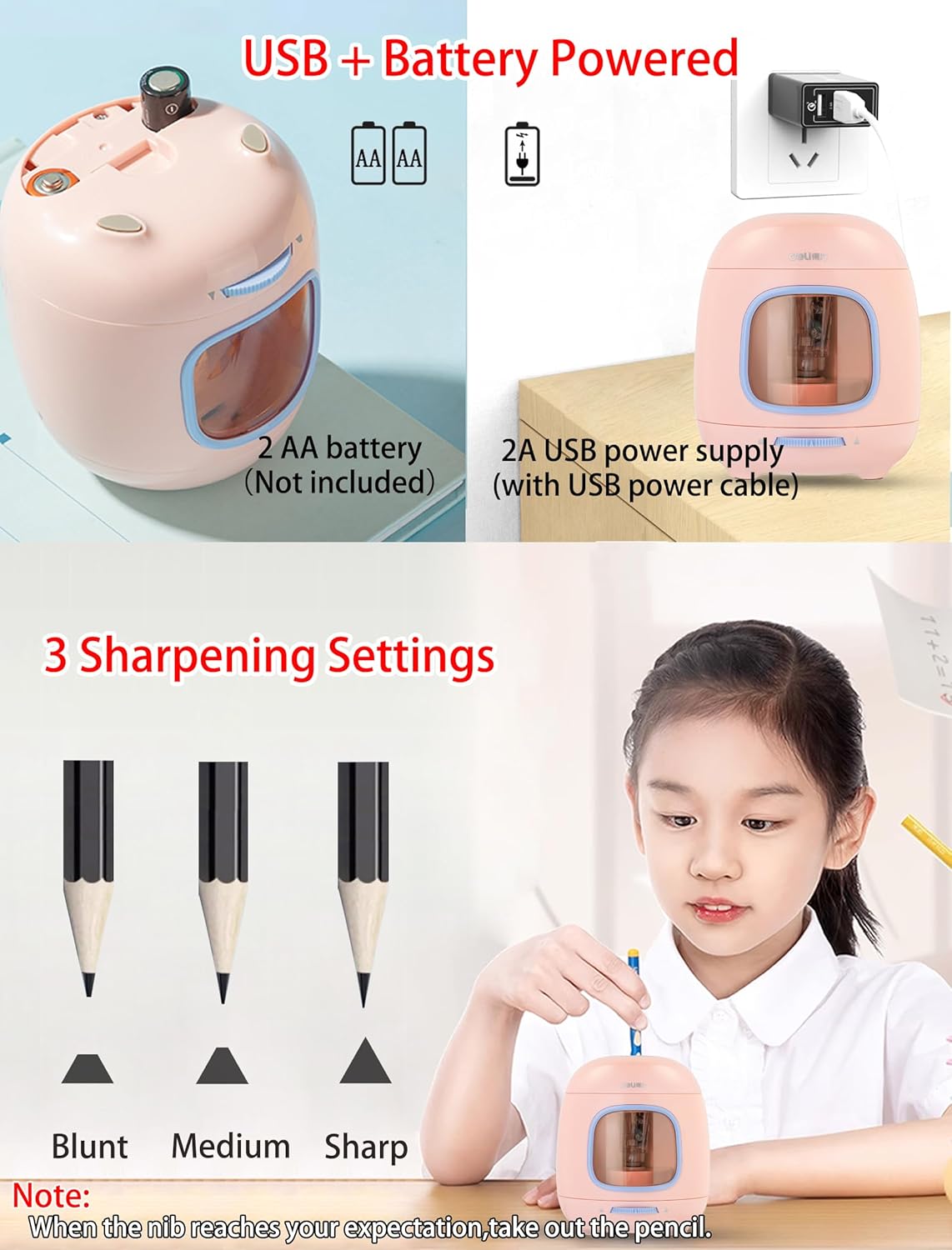 Thumbnail 2 de Electric Pencil Sharpener with 2-Year Warranty – USB/Battery Powered, 6.5–8mm, Pink