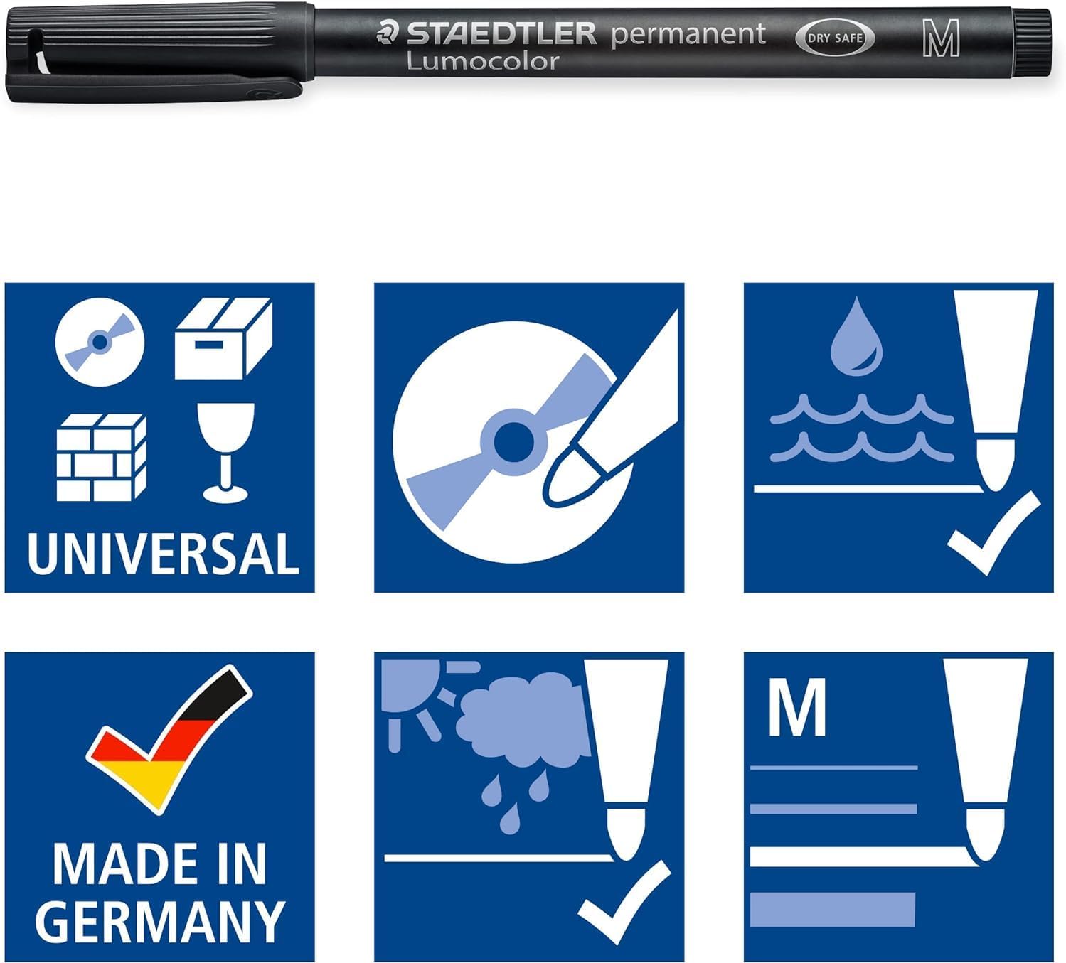 Detalle de Staedtler Lumocolor Permanent – Ensemble de 4 feutres noirs indélébiles (0,4–2,5 mm) en étui chevalet