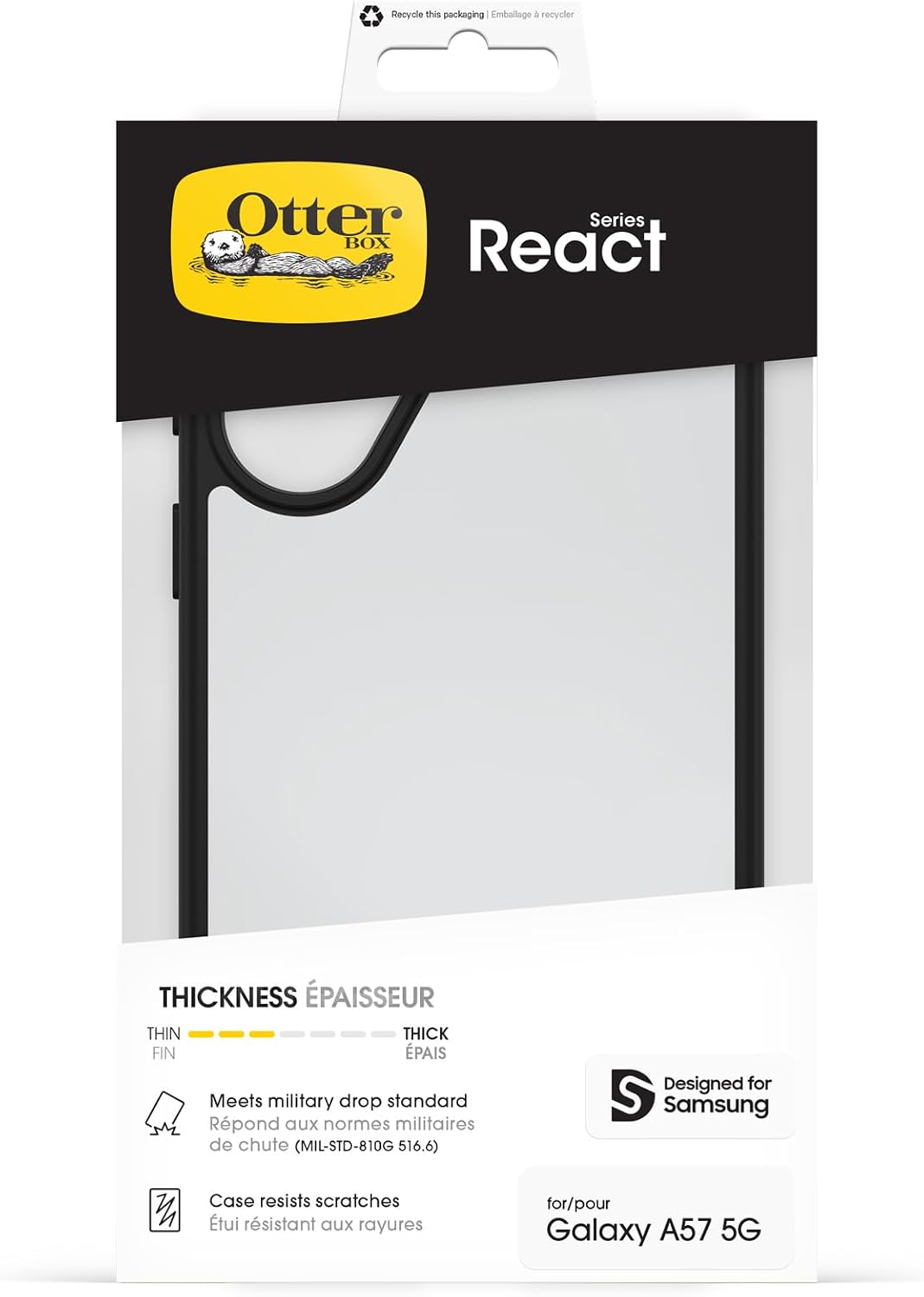 Detalle de OtterBox Cover React Series per Samsung Galaxy A57 5G – Trasparente/Nero, protezione MIL-STD 810G e design ultra-sottile