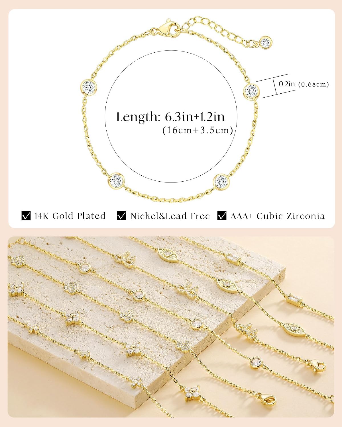 Detalle 2 de Bracelet Femme ZHESHY Argent 925 Or 14K Plaqué Or Réglable avec Trèfle à 4 Feuilles et Zircon