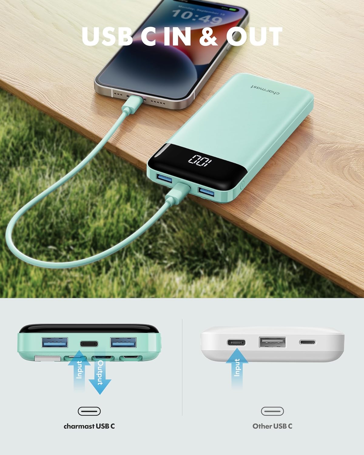 Thumbnail 6 de charmast Power Bank with Built-in Cables (x4) 10,000mAh – USB-C portable charger with 6 outputs
