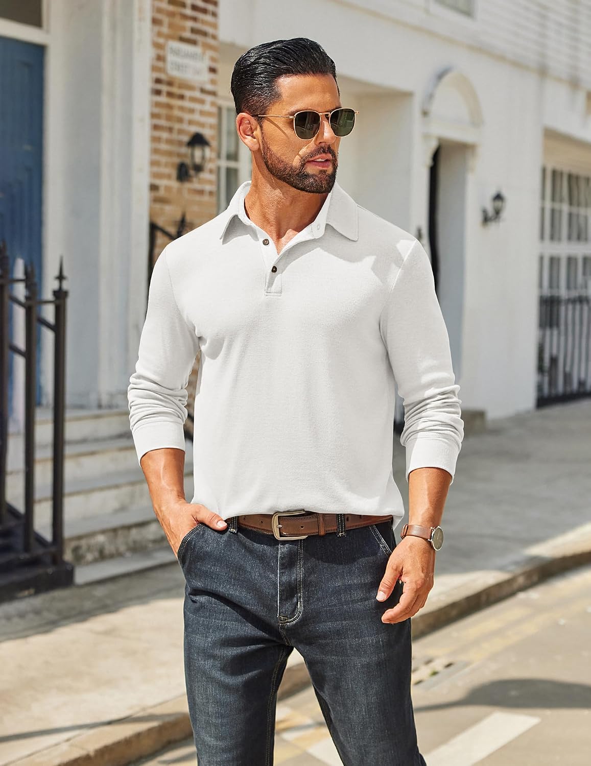 Detalle de COOFANDY Men's Long Sleeve Polo Shirt with Button Collar, Lightweight Feel