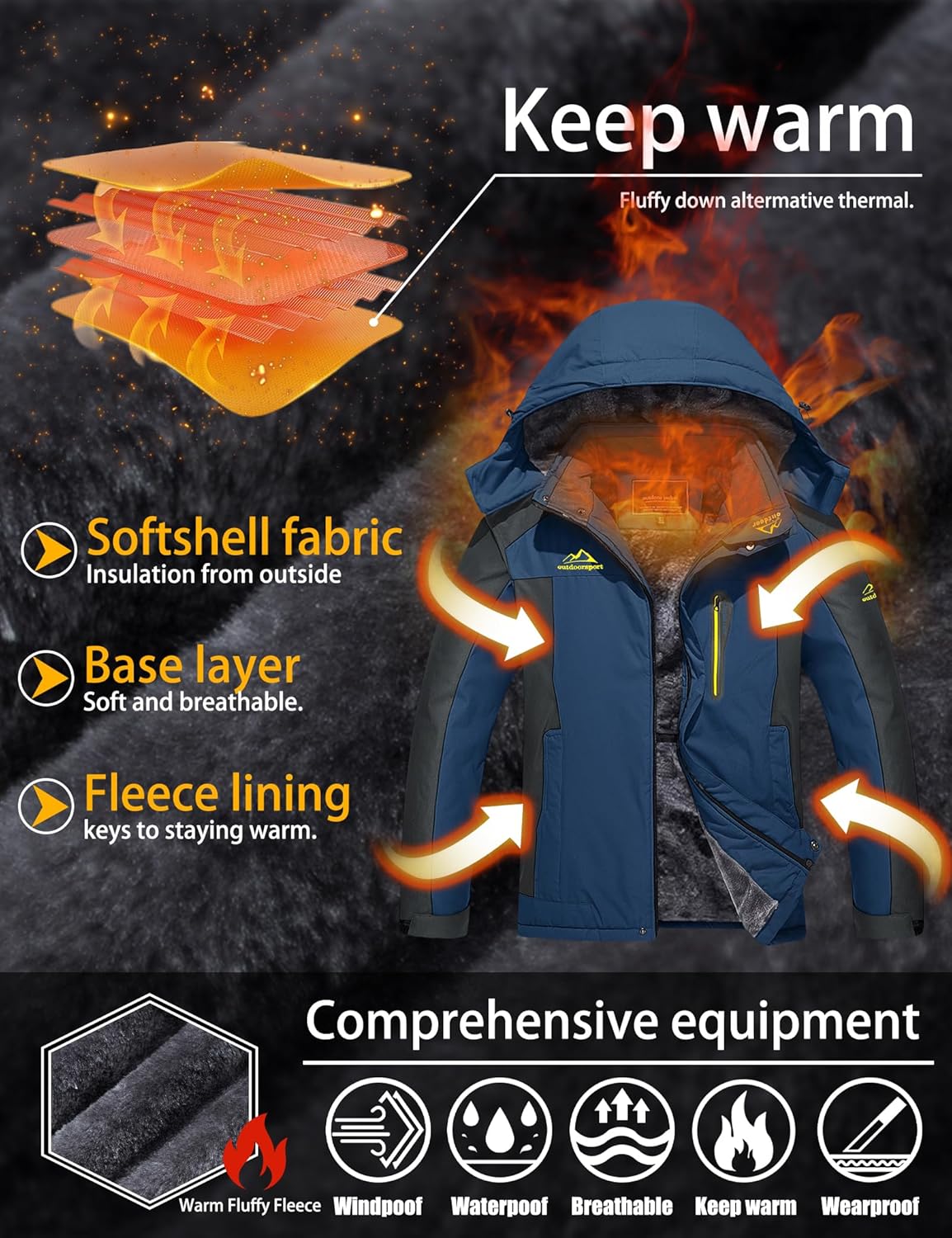 Detalle de TACVASEN Men's Winter Ski Jacket Waterproof 1