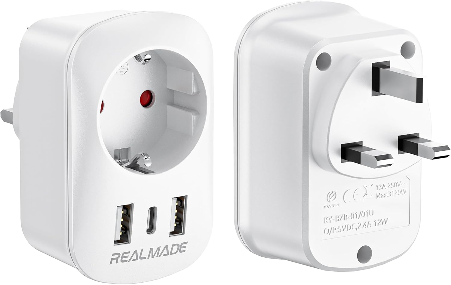 Thumbnail 6 de RealMade 2er Pack Reiseadapter USA (Typ E/F → Typ B) mit 2× USB-A und 1× USB-C
