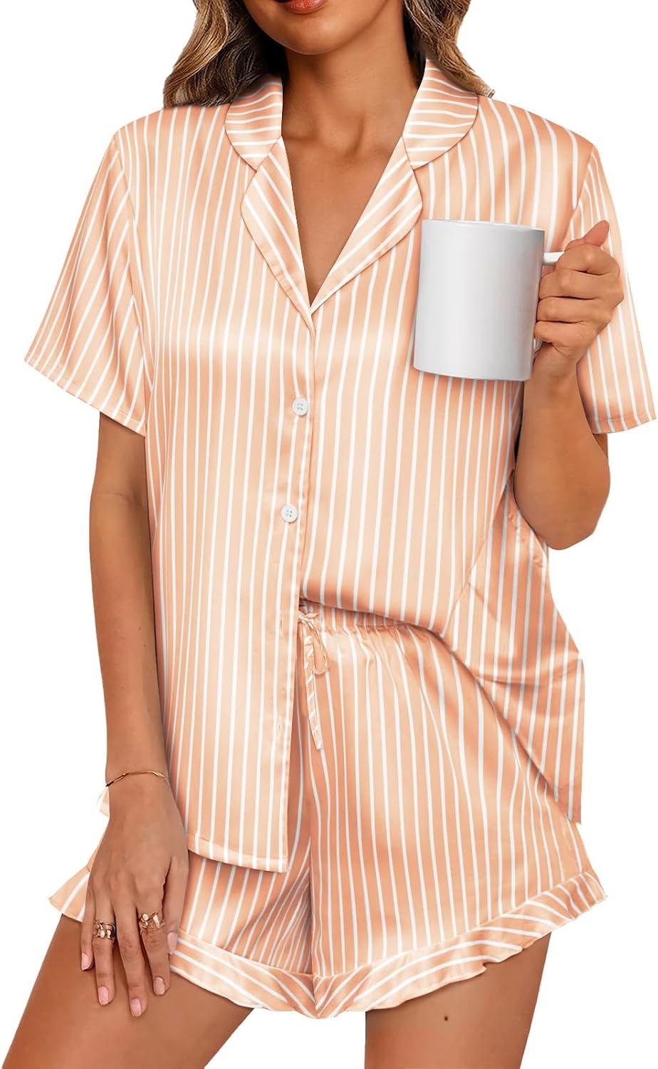 Thumbnail 6 de LILLUSORY Women’s Satin Silk Pajamas Set (2-Piece Ruffle Ruffle PJs) — Button-Down Top & Shorts