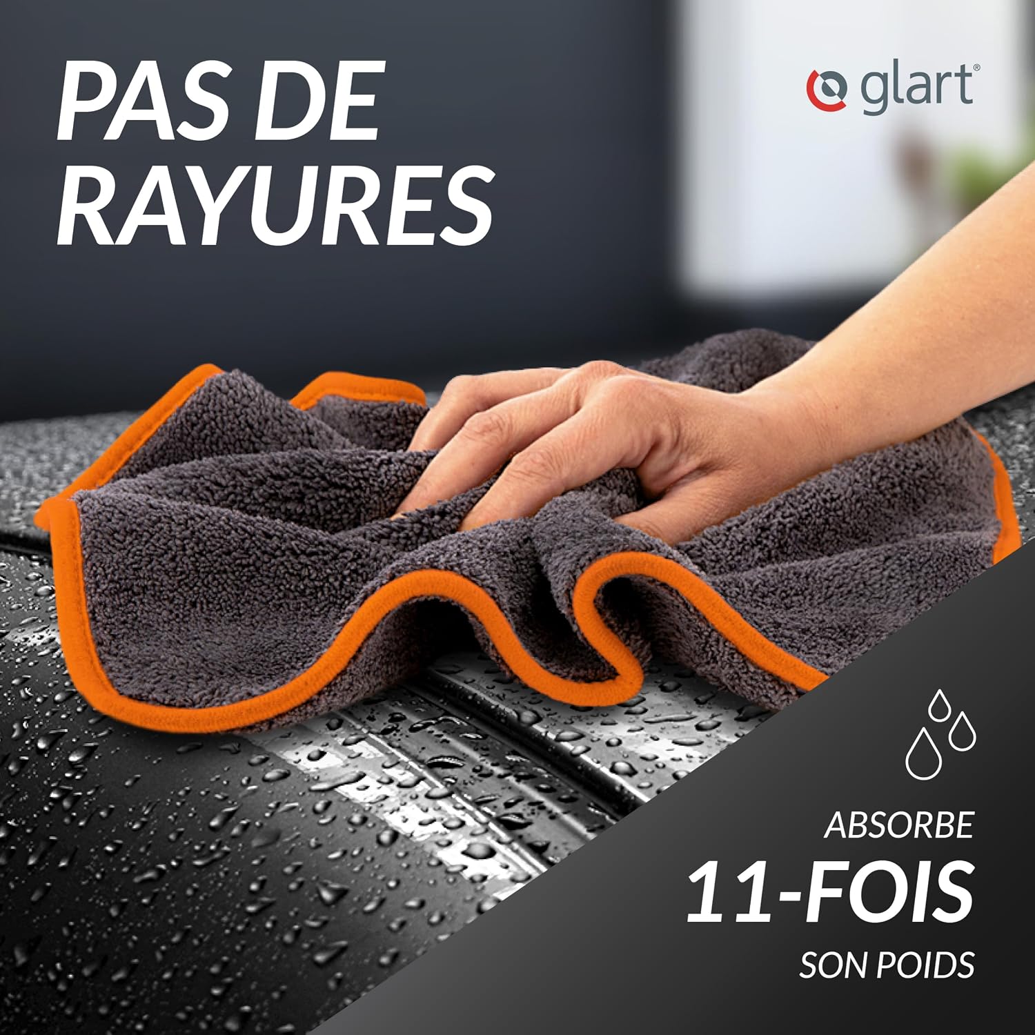 Detalle de Glart 443TPO Lot de 3 Chiffons Microfibre 40x40 cm, Anthracite + Bord Orange – Ultra Absorbants et Polyvalents