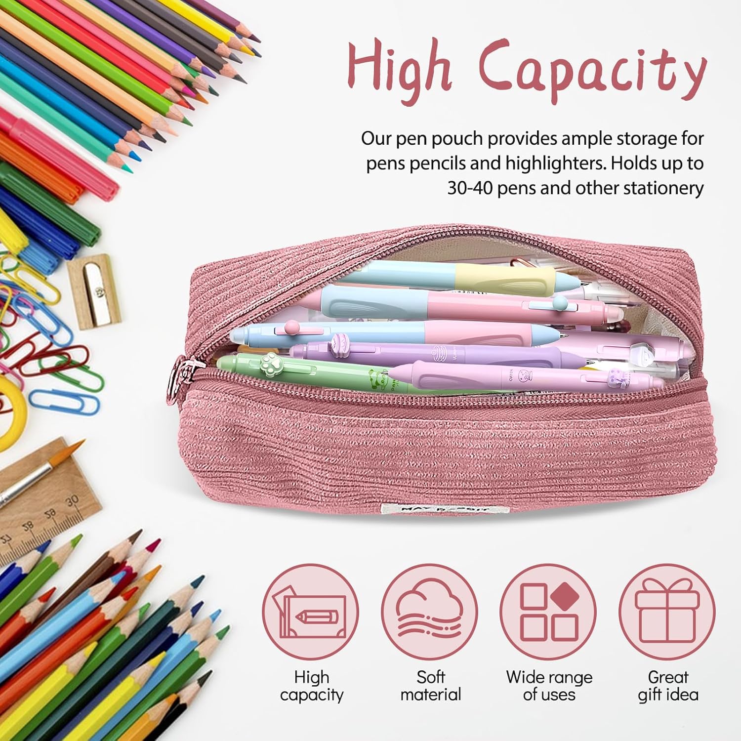 Thumbnail 2 de Electri-HQ Federmäppchen Rosa – Großes Fassungsvermögen, robustes Cord-Stoff Mäppchen