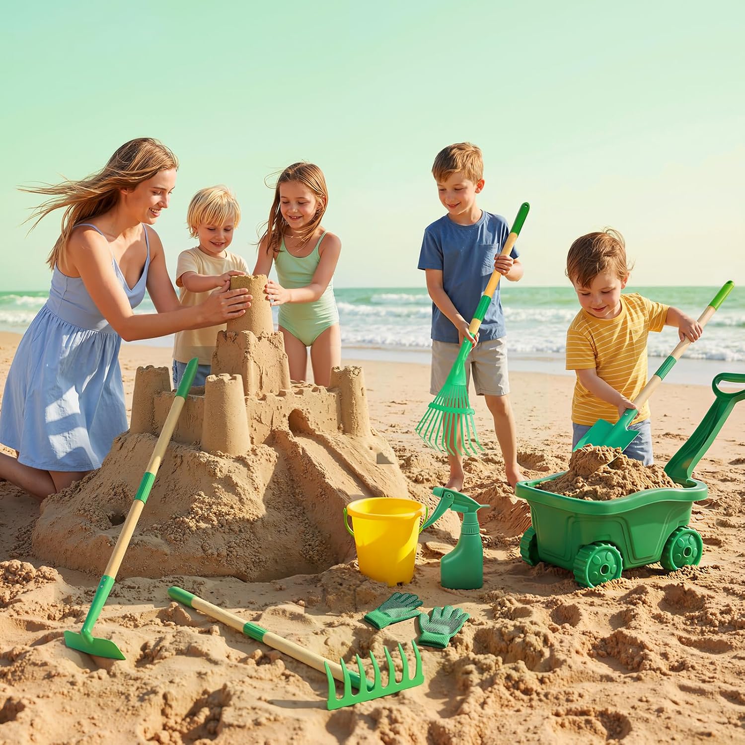 Detalle de Hot Bee Schubkarre für Kinder mit Gartengeräte Set – Grün, 3–8 Jahre
