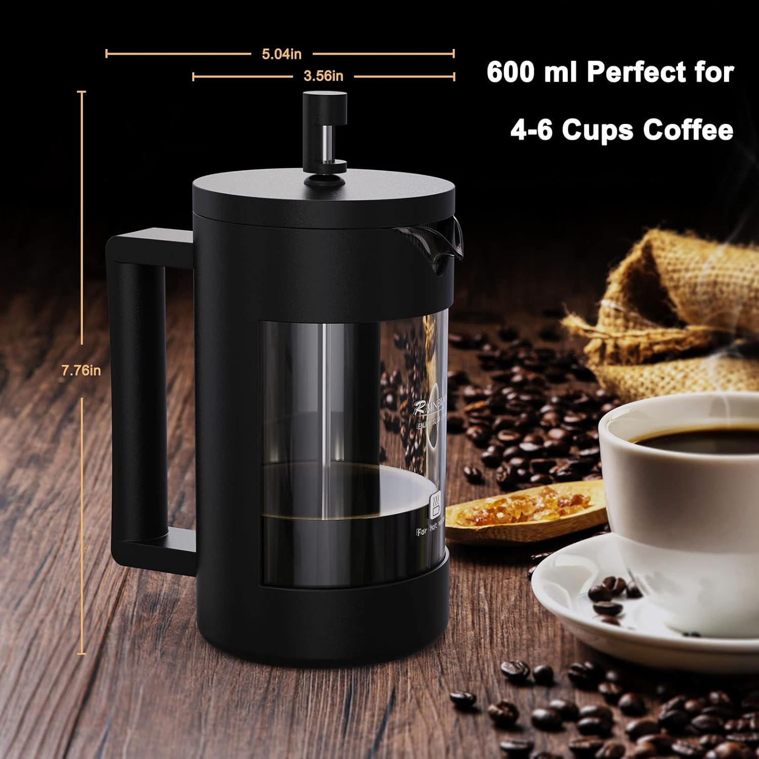Thumbnail 2 de RAINBEAN Cafetiere Coffee Press 4 Cups/600ml — Glass French Press with 3-Level Filtration