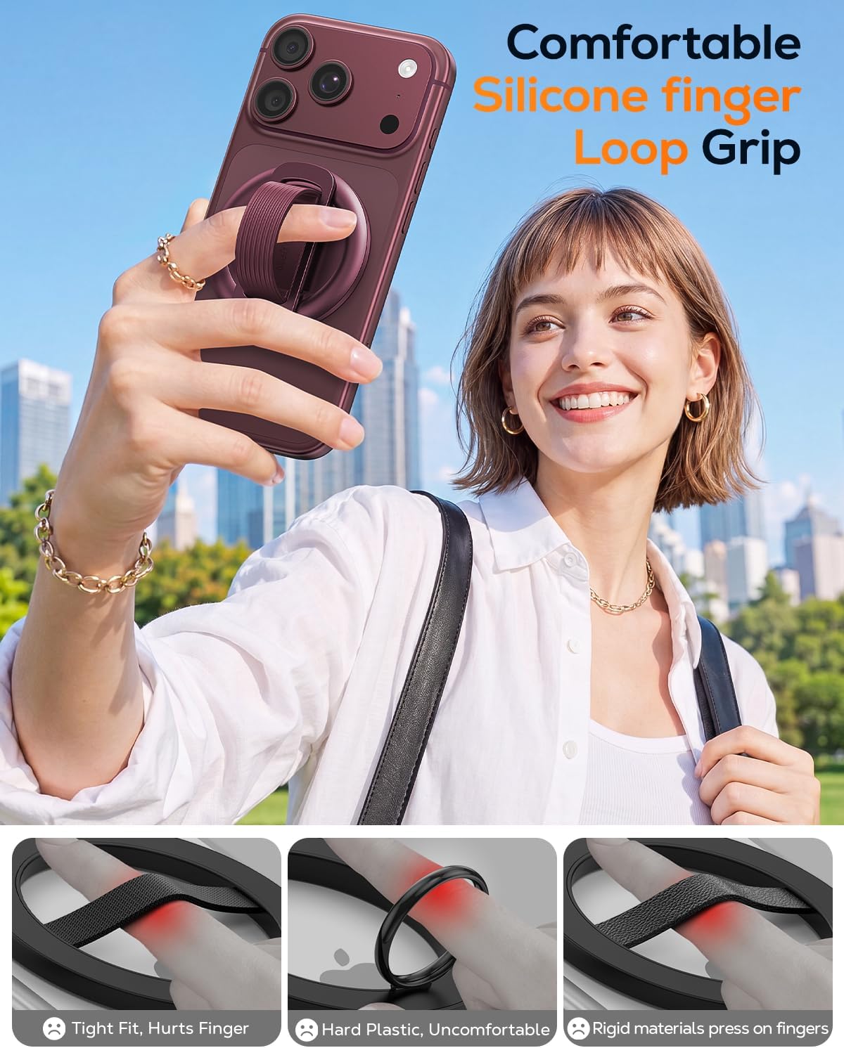 Detalle de Meifigno Magnetic Phone Grip for MagSafe, Burgundy Silicone Loop with Mirror