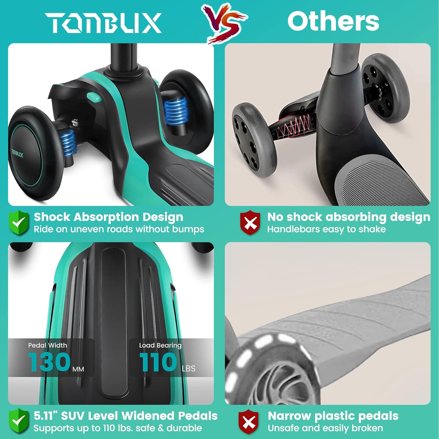 Thumbnail 3 de TONBUX Kids Scooter (Ages 3–12) with 4 Adjustable Heights, Light-Up 3 Wheels