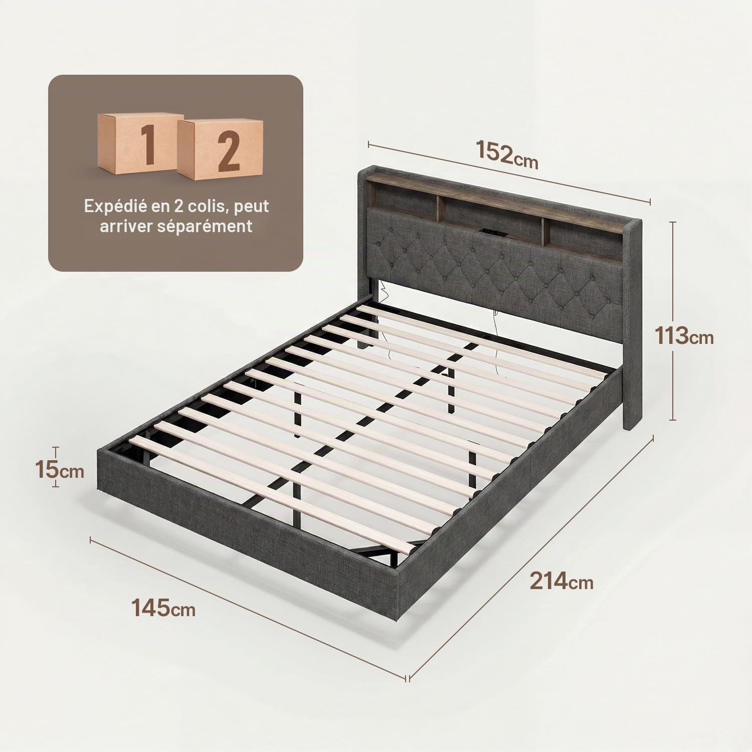 Thumbnail 1 de Xbro bed 140 x 200 cm met ledverlichting, USB-aansluitingen en opbergruimte