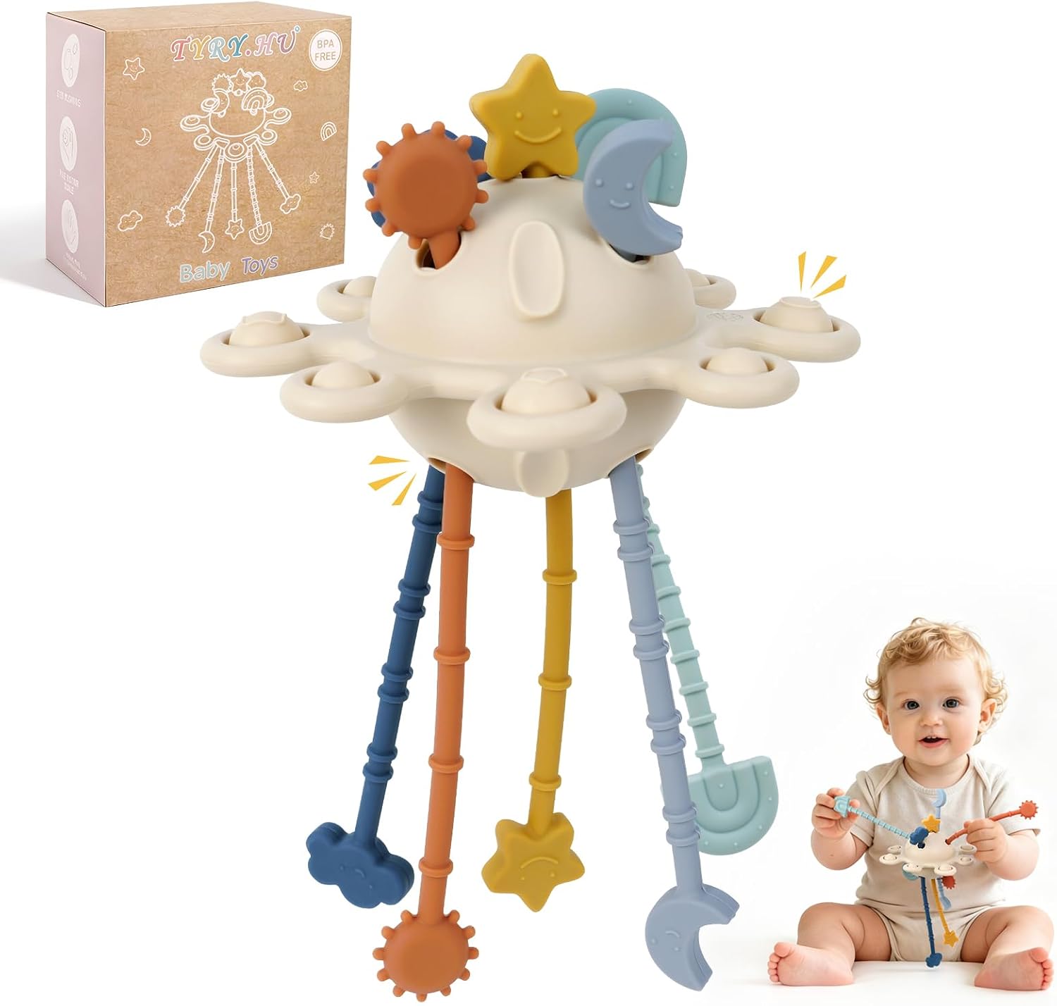Detalle de TYRY.HU Activity Grasping Toys – Sensory Silicone Tether Pop Pull & Pop Space Teether for 18 Months