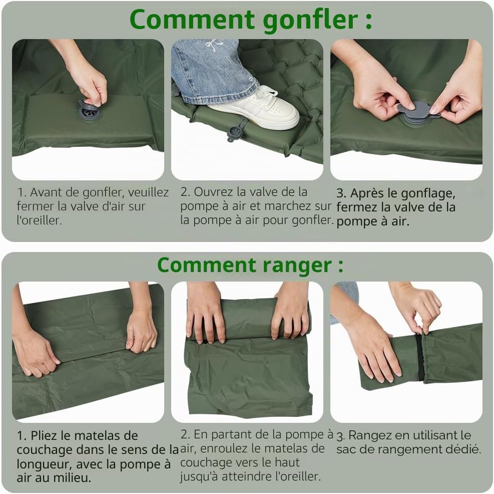 Detalle de AUYAO Matelas Camping Gonflable 190x120x5 cm avec Oreiller intégré et pompe à pied – léger, imperméable et modulable