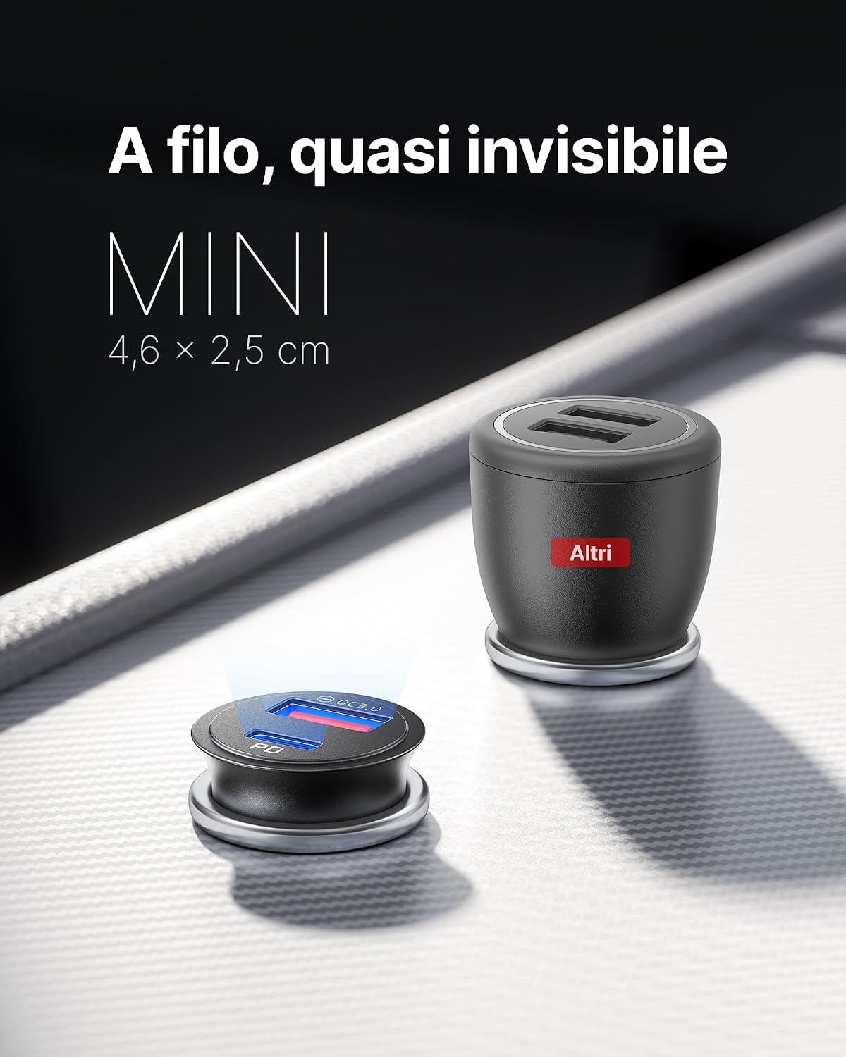 Detalle de INIU caricatore auto 60W con USB-C PD e QC 3.0, doppia porta per ricarica rapida