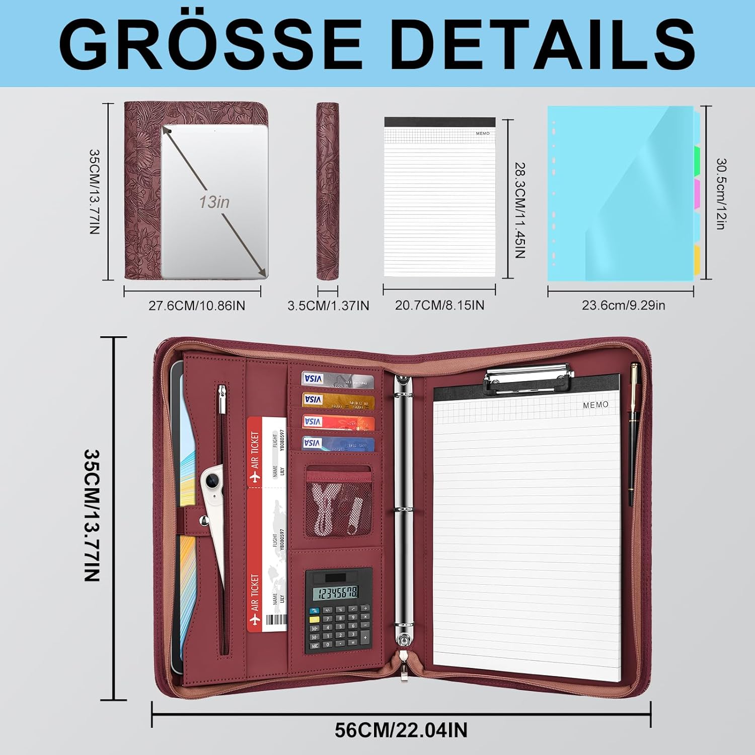 Thumbnail 2 de Leathario Schreibmappe A4 mit 5er Register und 4-Ringbuch, Konferenzmappe mit Reißverschluss