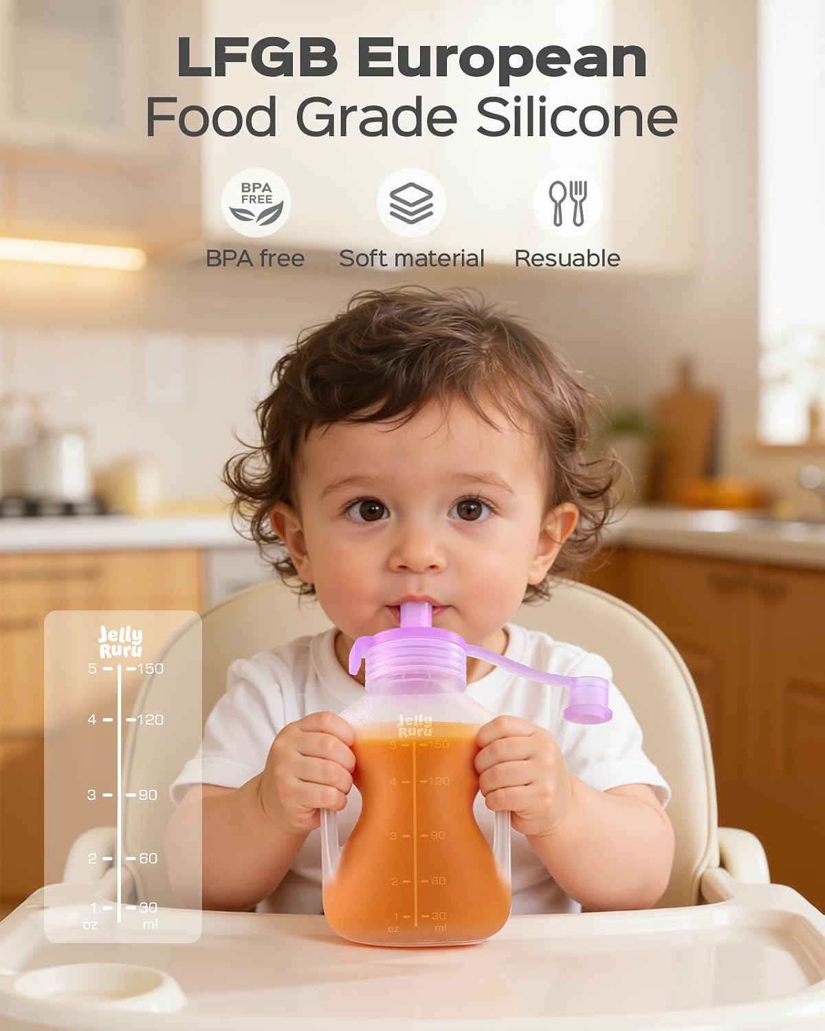 Detalle 2 de Jelly Ruru JR01 Reusable Silicone Baby Food Pouches, 5 oz, 4-Pack