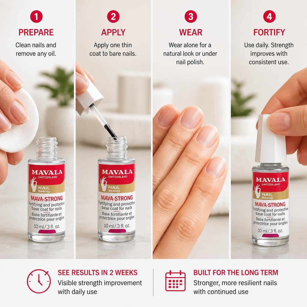 Detalle de Mavala Base Fortifiante et Protectrice Mava-Strong pour Ongles Fins, Mous, Cassants – Vernis Fortifiant Incolore 10 ml