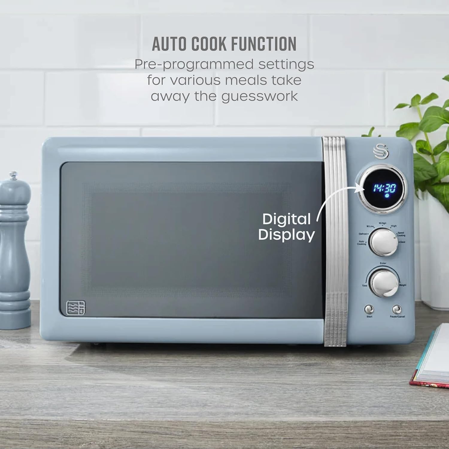 Detalle 2 de Swan Retro LED Digital Microwave Blue 20L, 800W SM22030LBLN