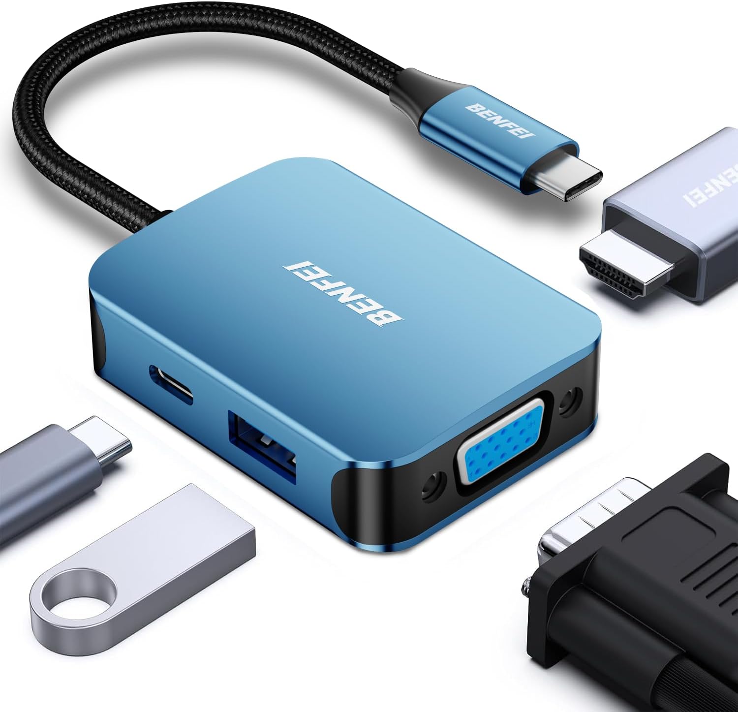 Detalle de BENFEI USB C HUB 4in1 mit HDMI, VGA, USB 3.0 und 60 W Power Delivery – blau