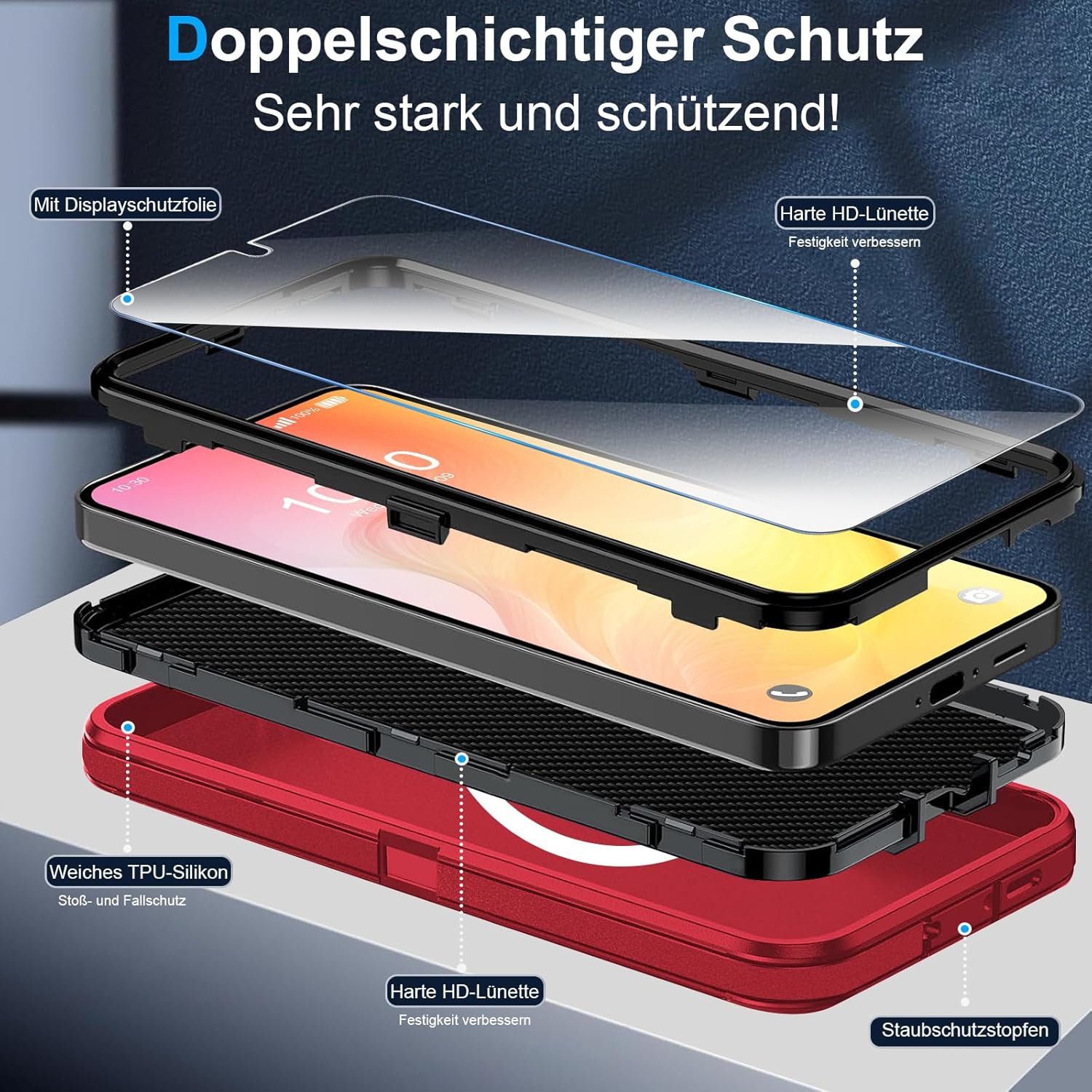 Thumbnail 3 de Handyhülle für Samsung Galaxy S23 Plus 5G: 360° stoßfeste Panzerhülle mit Displayschutz & Magnetring (Rot)