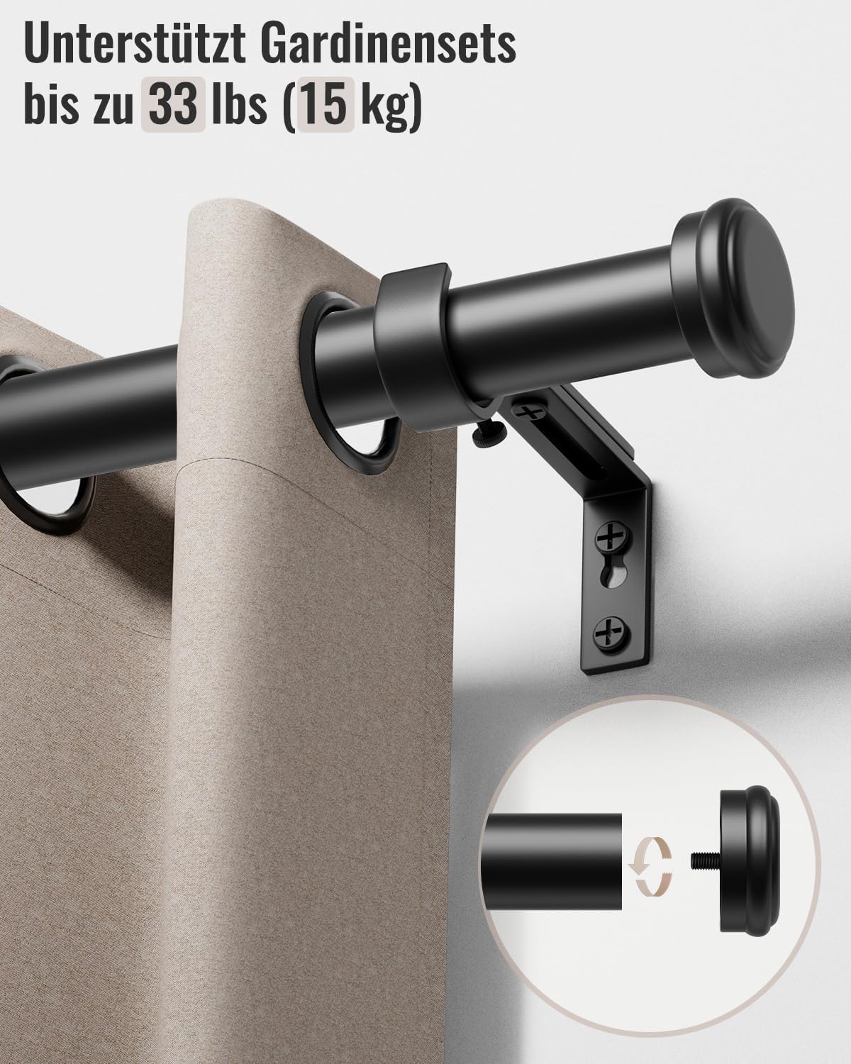 Thumbnail 1 de DEFYNEE Tringle à rideaux extensible noire 80-183 cm (diamètre 25 mm) avec supports