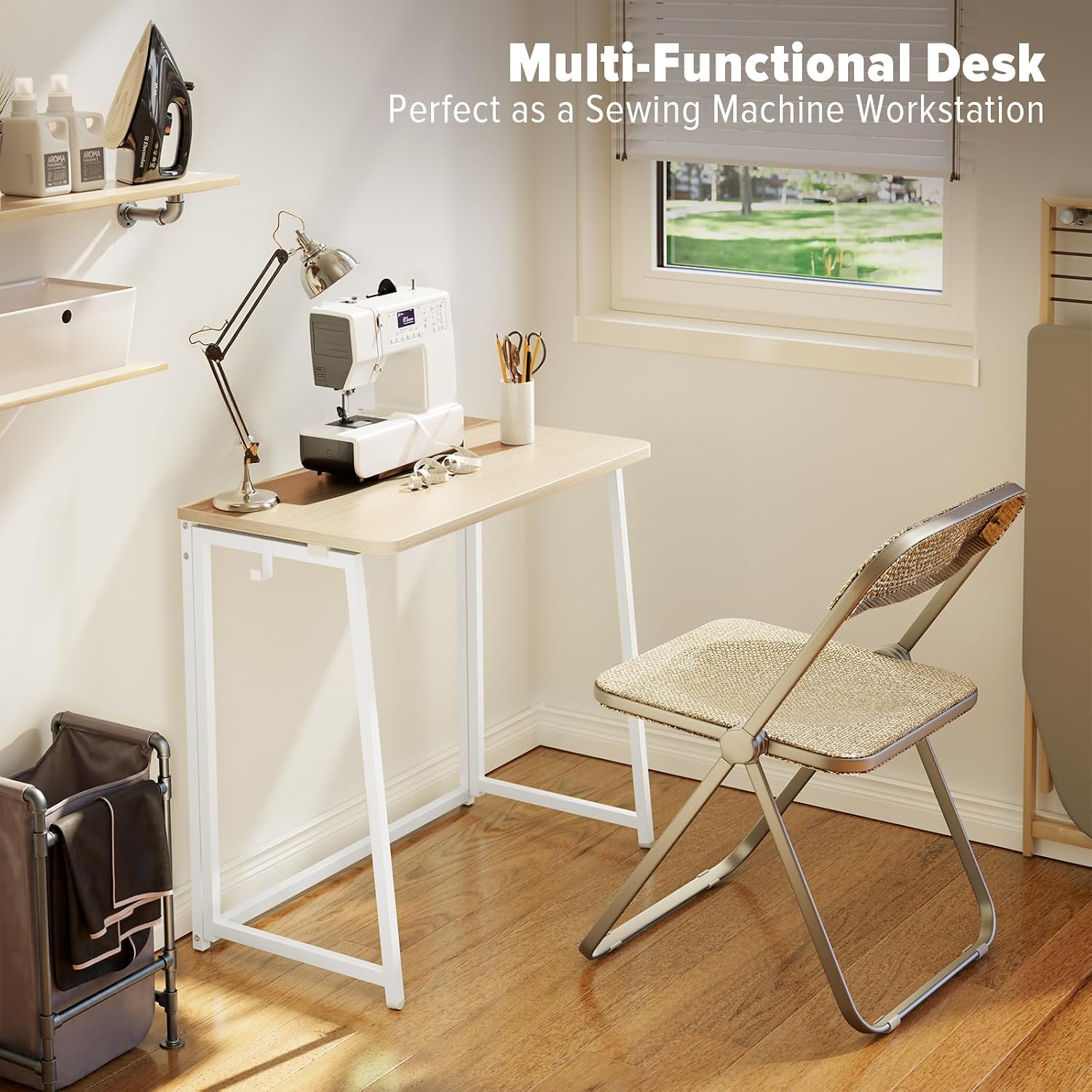 Detalle de WOHOMO Folding Desk (Small) 80cm foldable table in oak-style finish