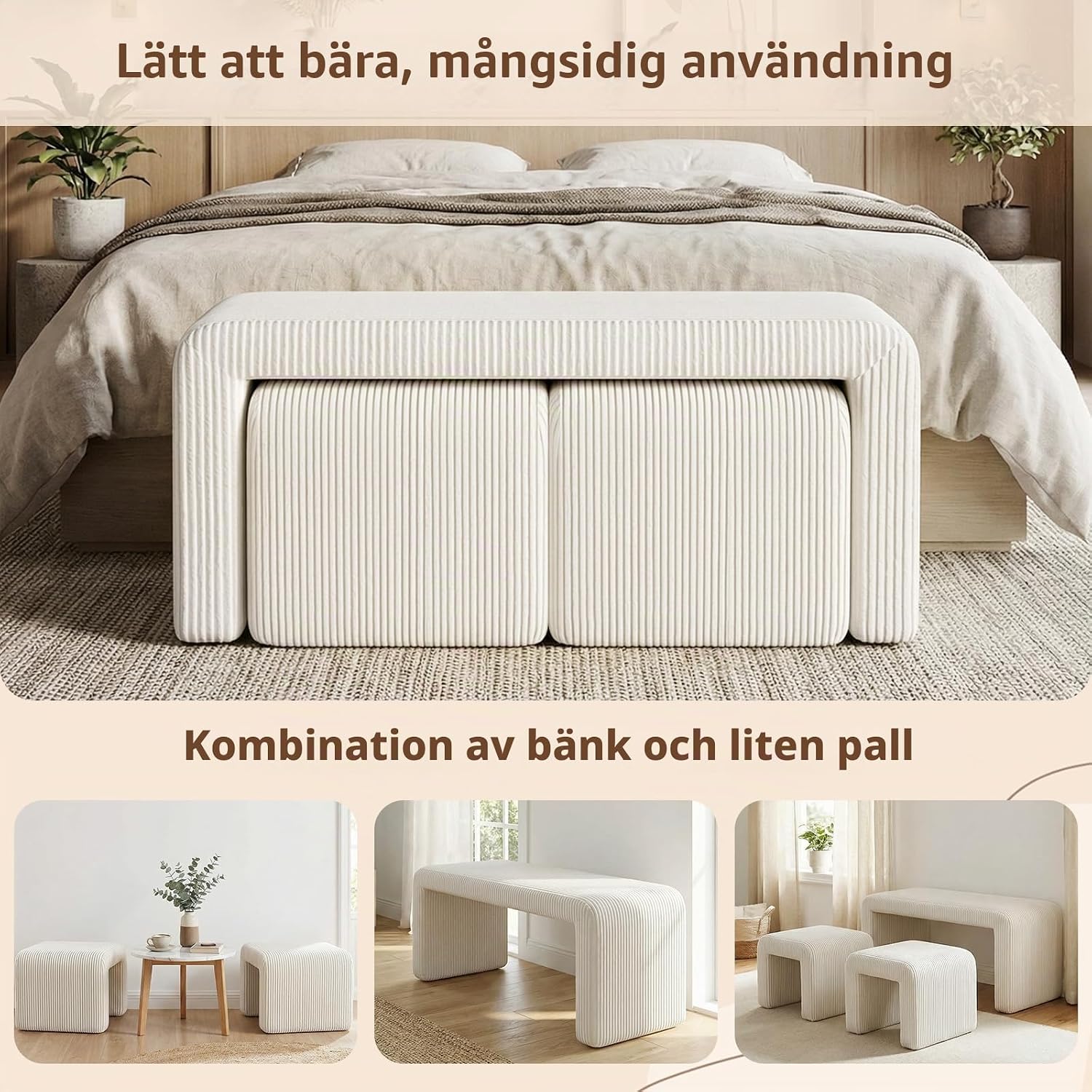 Detalle 2 de Clevich SF18219 sittbänk med två pallar, beige klädsel och trästomme