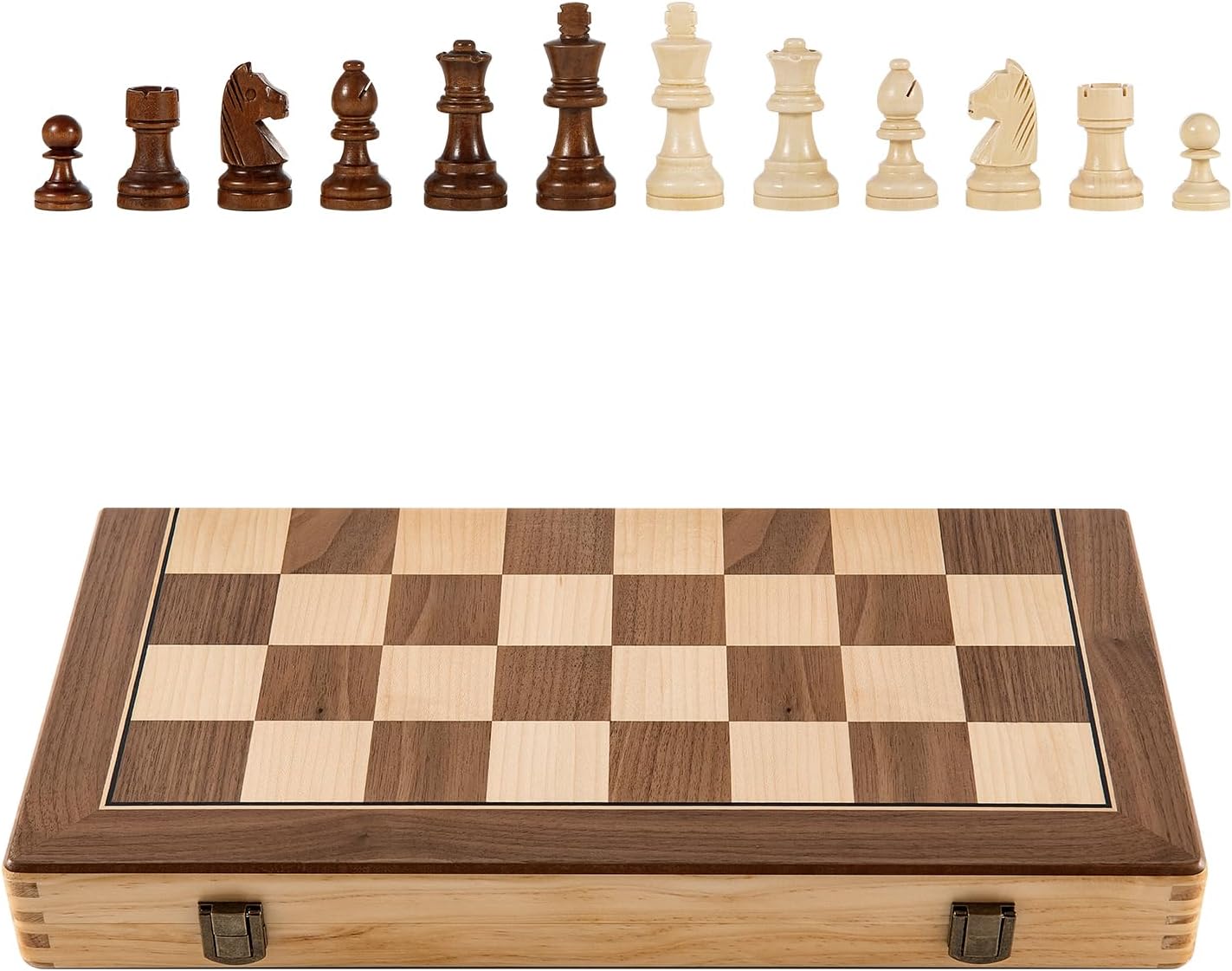 Detalle 2 de Sihaiyuan 15” Magnetic Wooden Chess Set – Travel Chess & Checkers, 2-in-1 Foldable Board