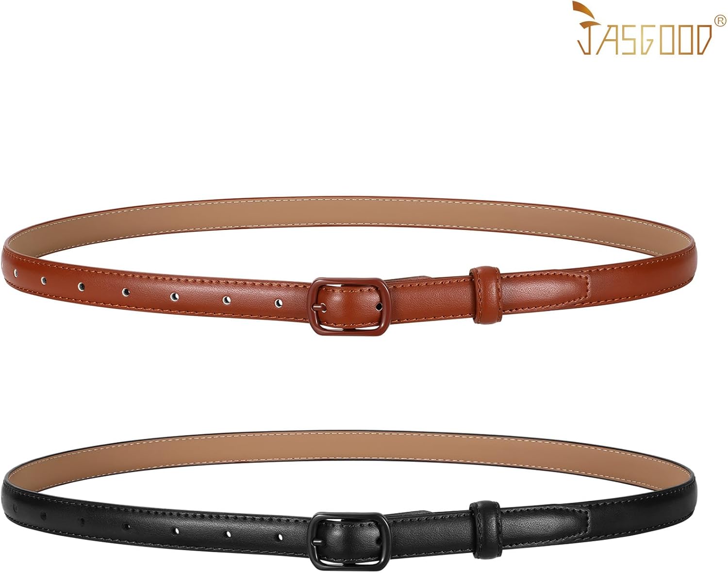 Thumbnail 5 de JASGOOD Skinny Belt for Women – Thin leather waist belt with black metal prong buckle