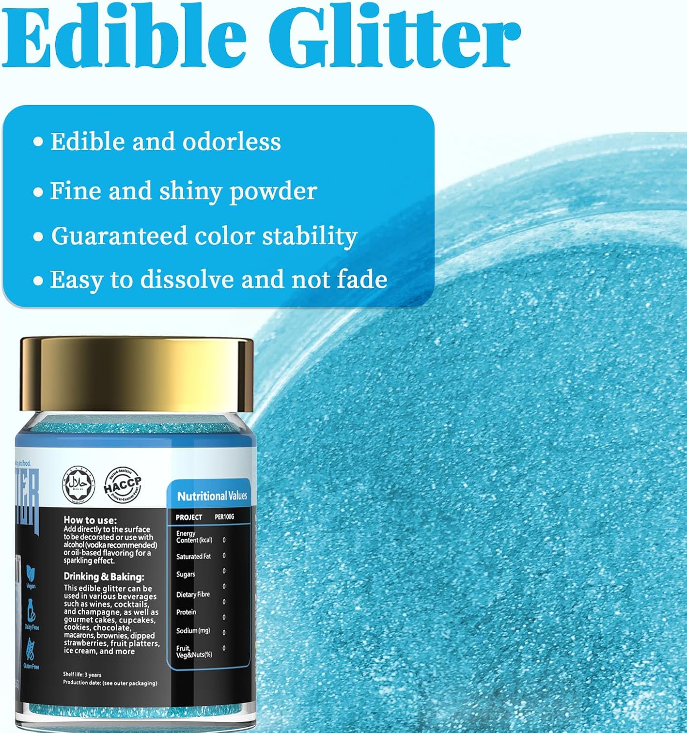 Detalle de Paillette Alimentaire Bleu 15 g – paillettes comestibles pour gâteaux, macarons, boissons (100% comestibles, vegan)